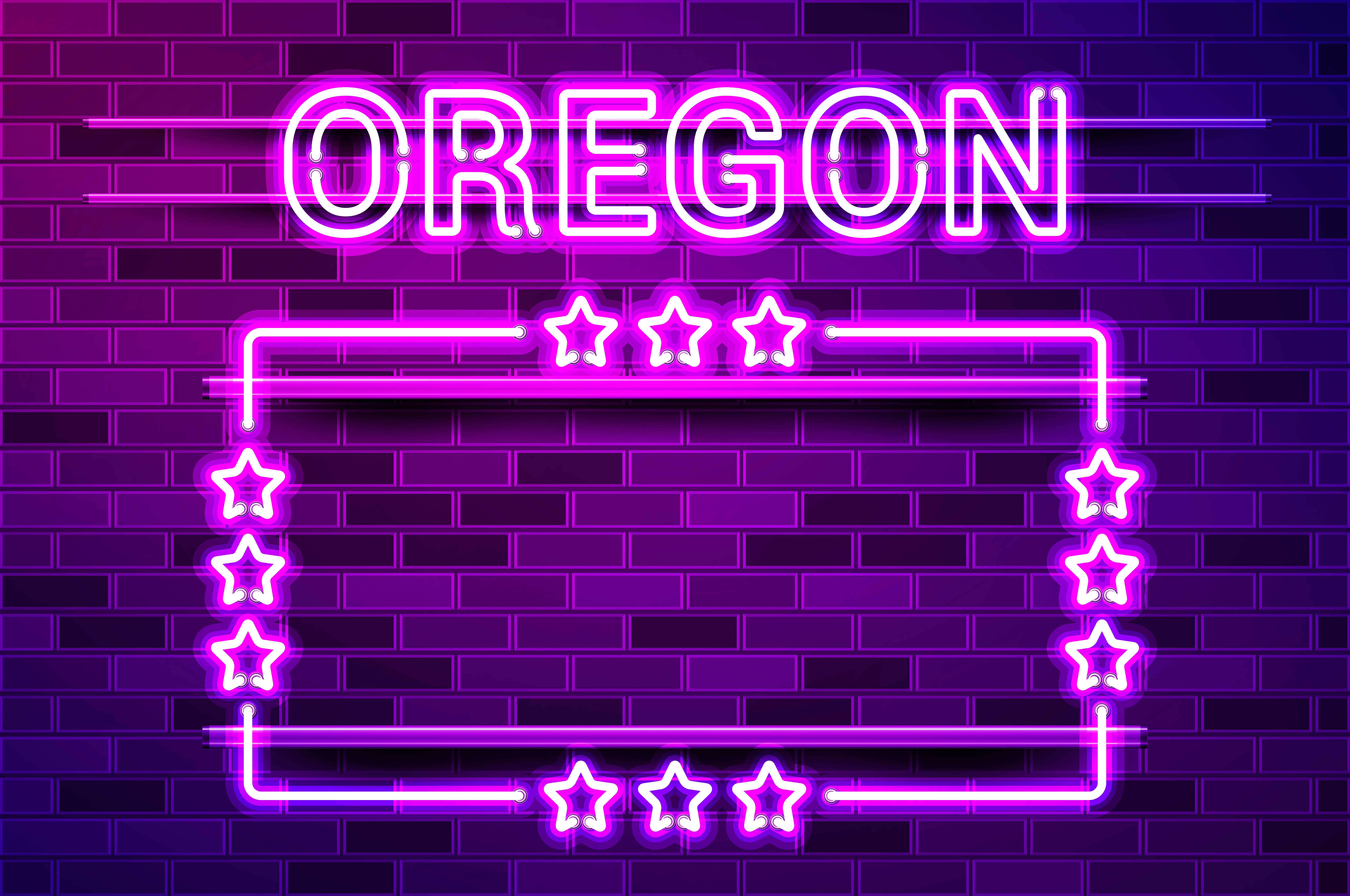 Oregon US State glowing purple neon lettering and a rectangular frame with stars. Realistic vector illustration. Purple brick wall, violet glow, metal holders.. Oregon US State glowing purple neon lettering and a rectangular frame with stars