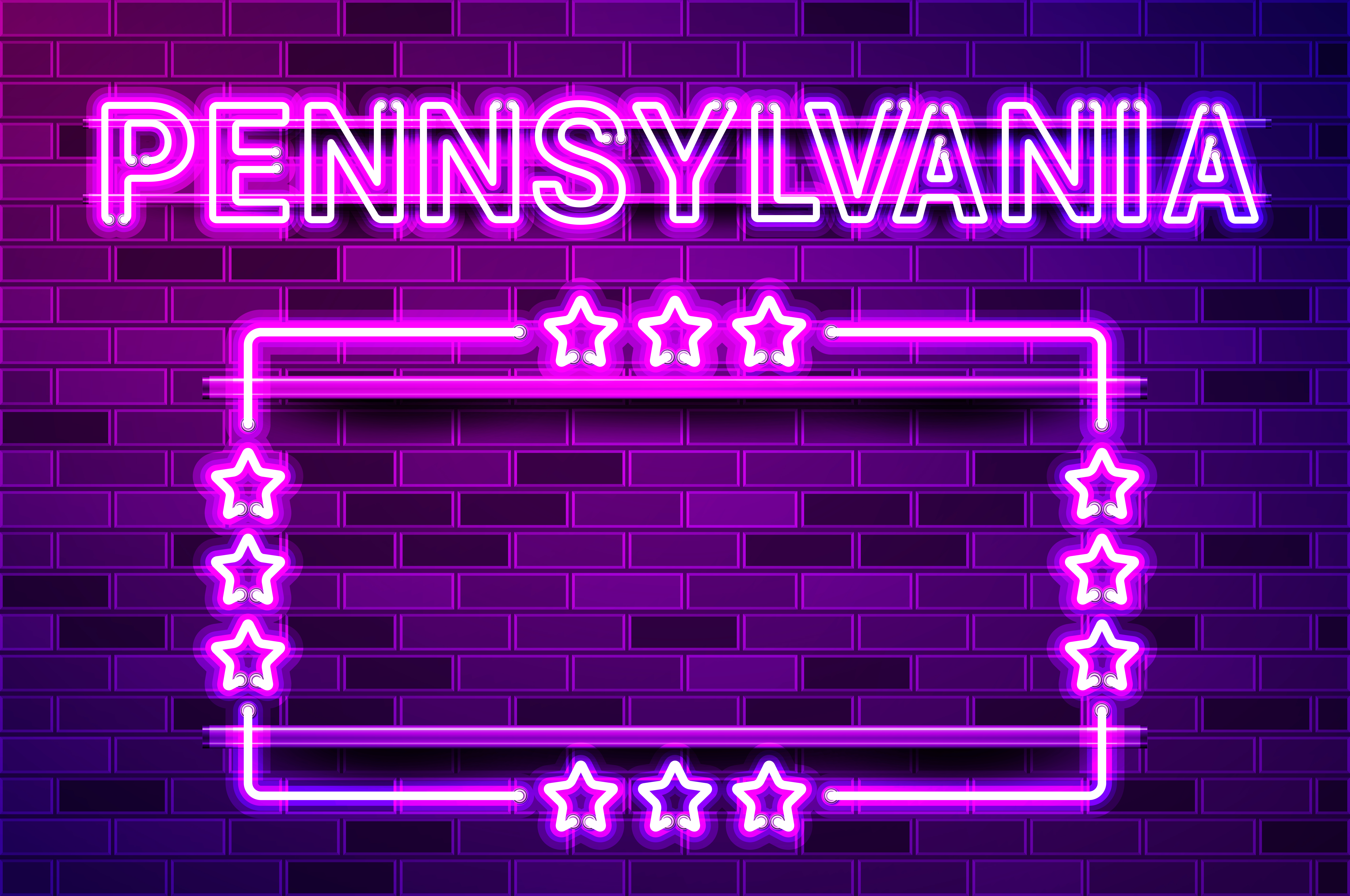 Pennsylvania US State glowing purple neon lettering and a rectangular frame with stars. Realistic vector illustration. Purple brick wall, violet glow, metal holders.. Pennsylvania US State glowing purple neon lettering and a rectangular frame with stars