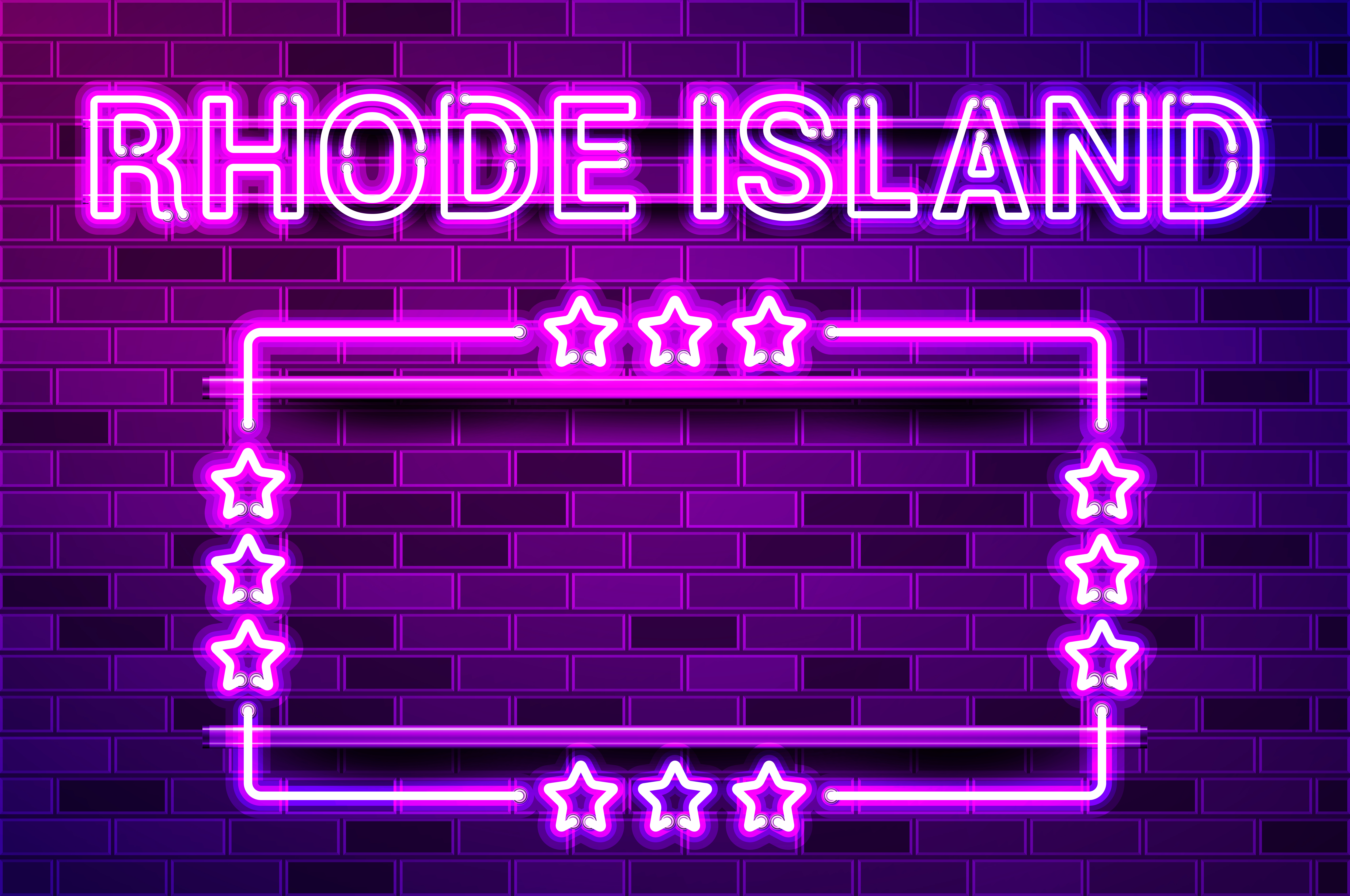 Rhode Island US State glowing purple neon lettering and a rectangular frame with stars. Realistic vector illustration. Purple brick wall, violet glow, metal holders.. Rhode Island US State glowing purple neon lettering and a rectangular frame with stars