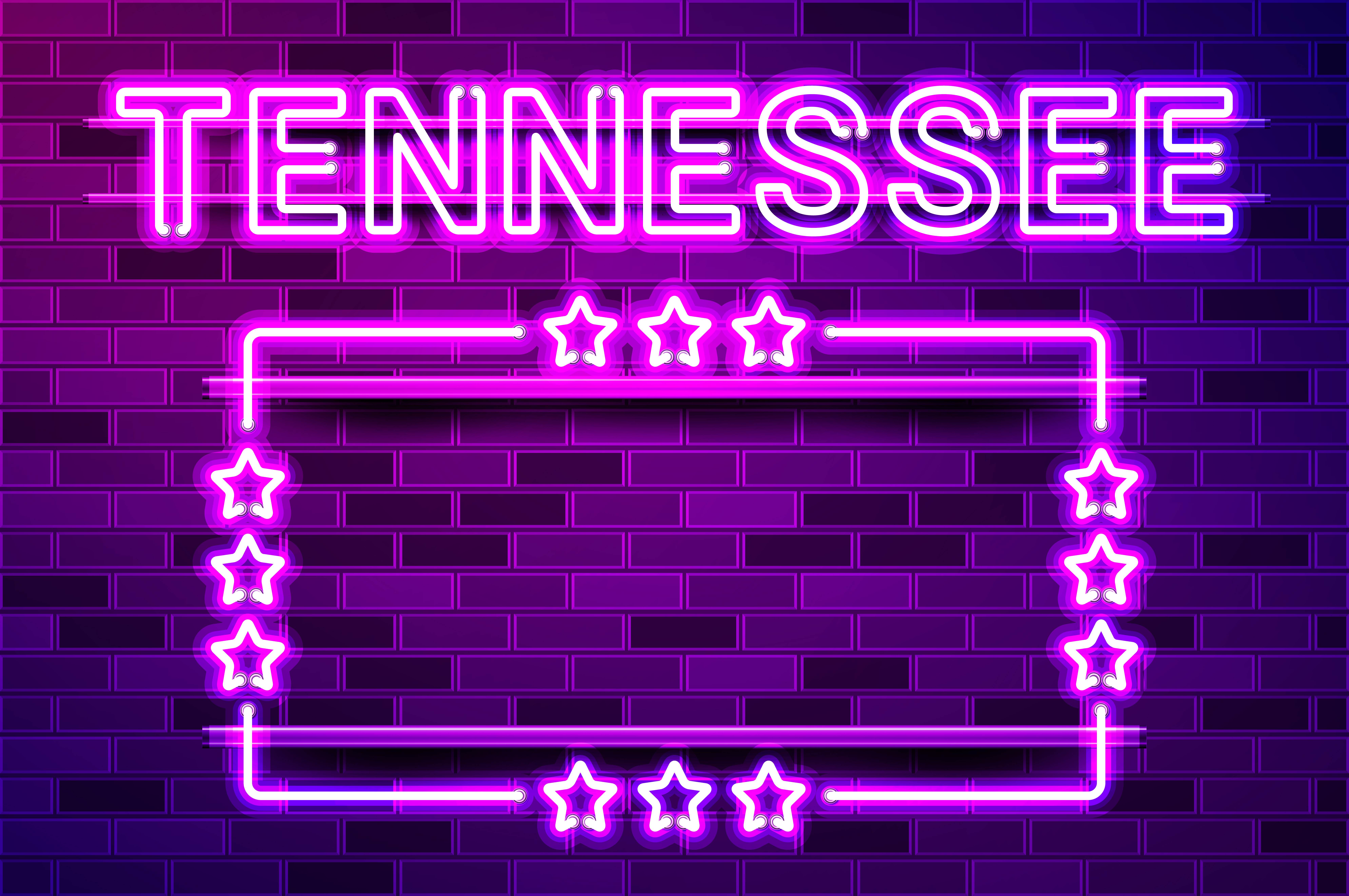 Tennessee US State glowing purple neon lettering and a rectangular frame with stars. Realistic vector illustration. Purple brick wall, violet glow, metal holders.. Tennessee US State glowing purple neon lettering and a rectangular frame with stars