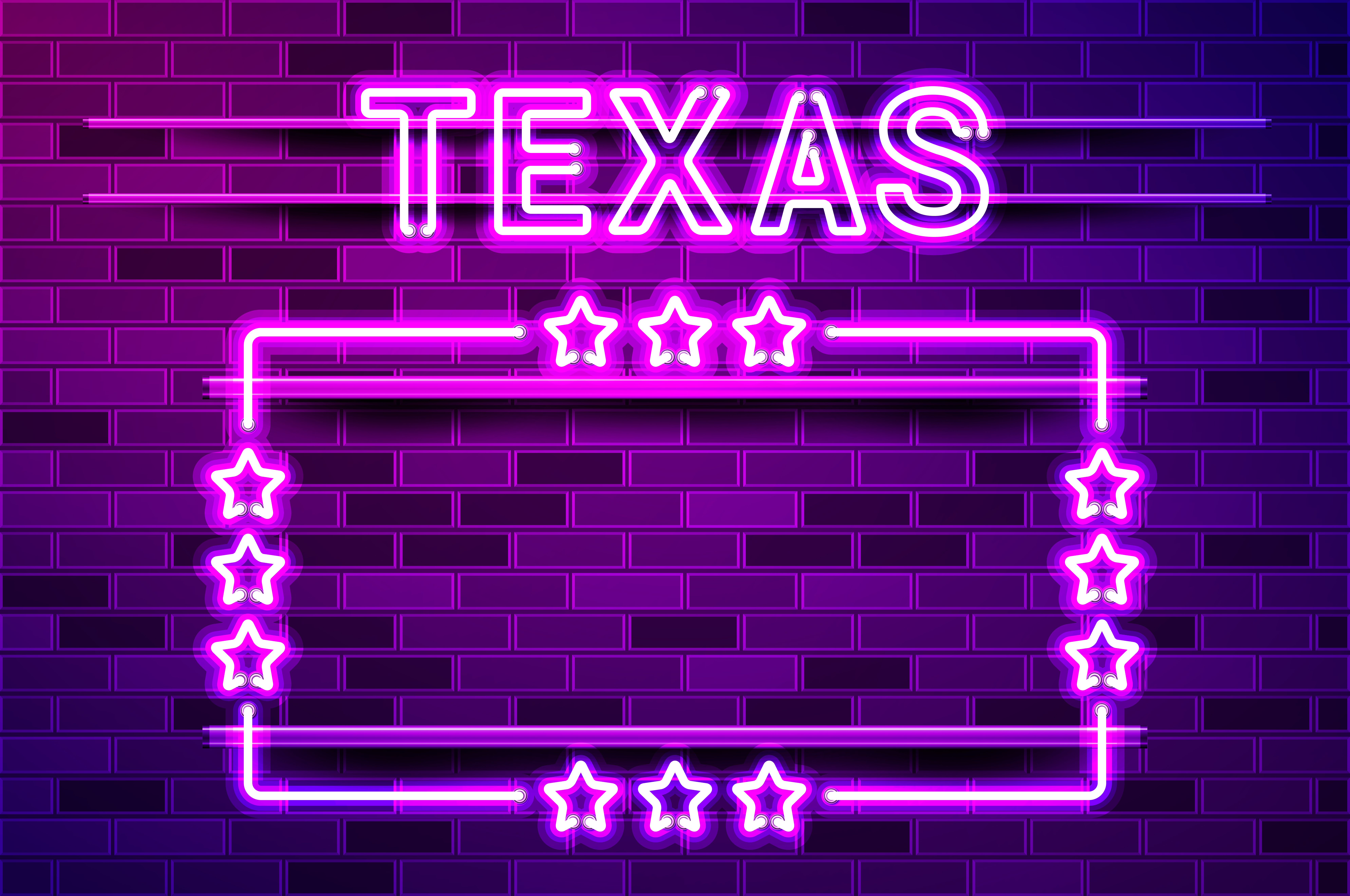 Texas US State glowing purple neon lettering and a rectangular frame with stars. Realistic vector illustration. Purple brick wall, violet glow, metal holders.. Texas US State glowing purple neon lettering and a rectangular frame with stars