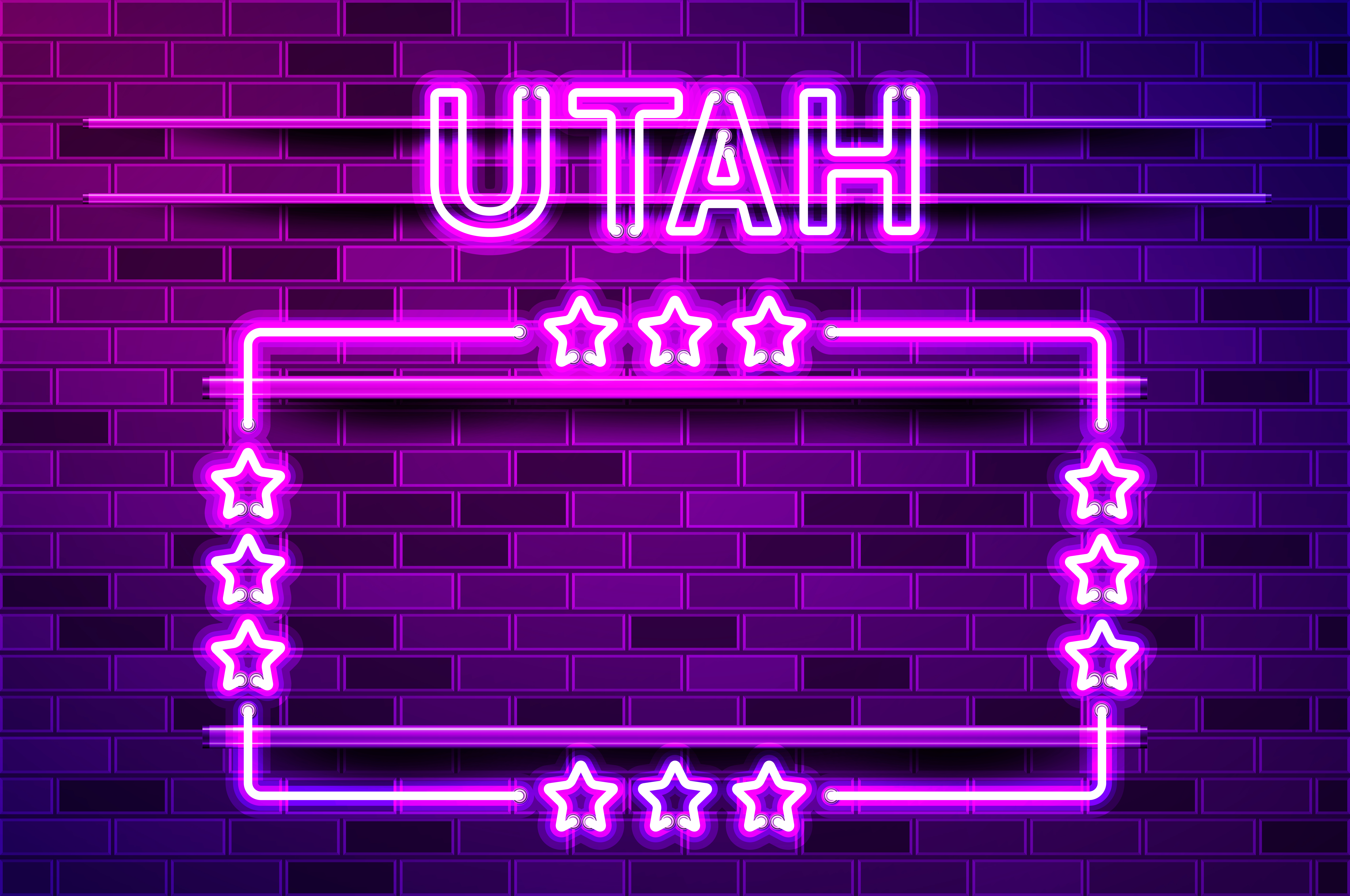 Utah US State glowing purple neon lettering and a rectangular frame with stars. Realistic vector illustration. Purple brick wall, violet glow, metal holders.. Utah US State glowing purple neon lettering and a rectangular frame with stars