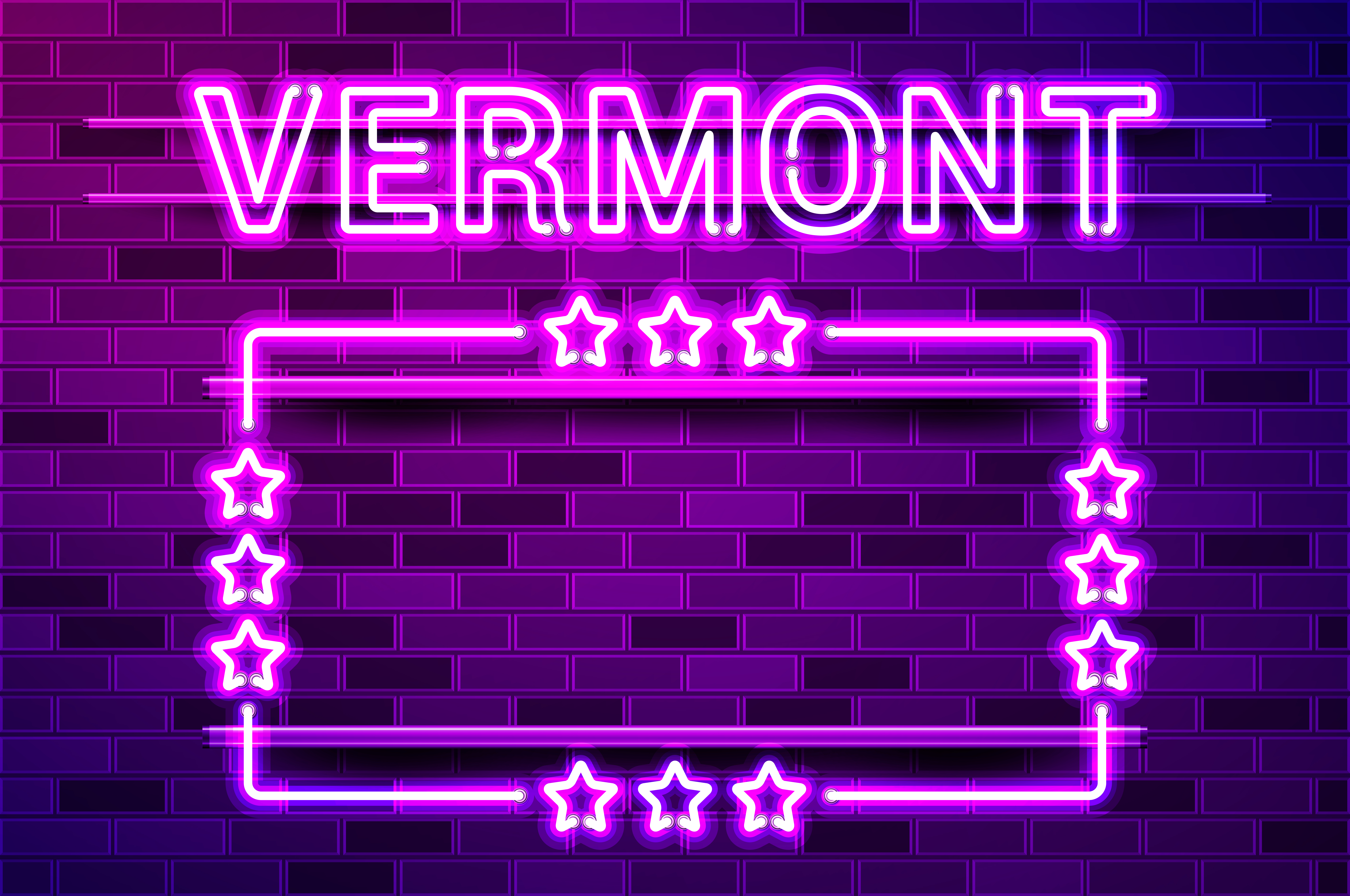 Vermont US State glowing purple neon lettering and a rectangular frame with stars. Realistic vector illustration. Purple brick wall, violet glow, metal holders.. Vermont US State glowing purple neon lettering and a rectangular frame with stars