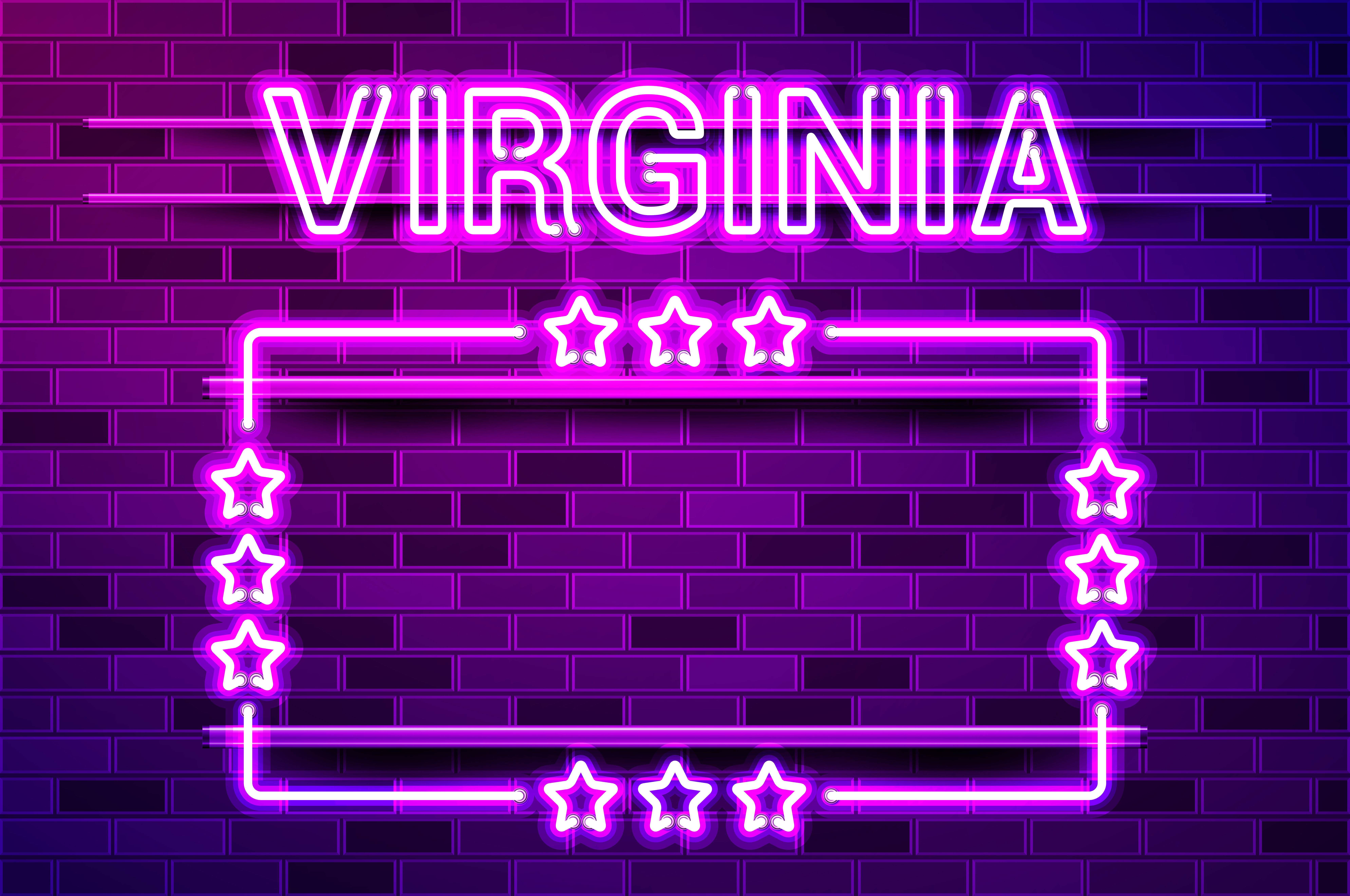 Virginia US State glowing purple neon lettering and a rectangular frame with stars. Realistic vector illustration. Purple brick wall, violet glow, metal holders.. Virginia US State glowing purple neon lettering and a rectangular frame with stars