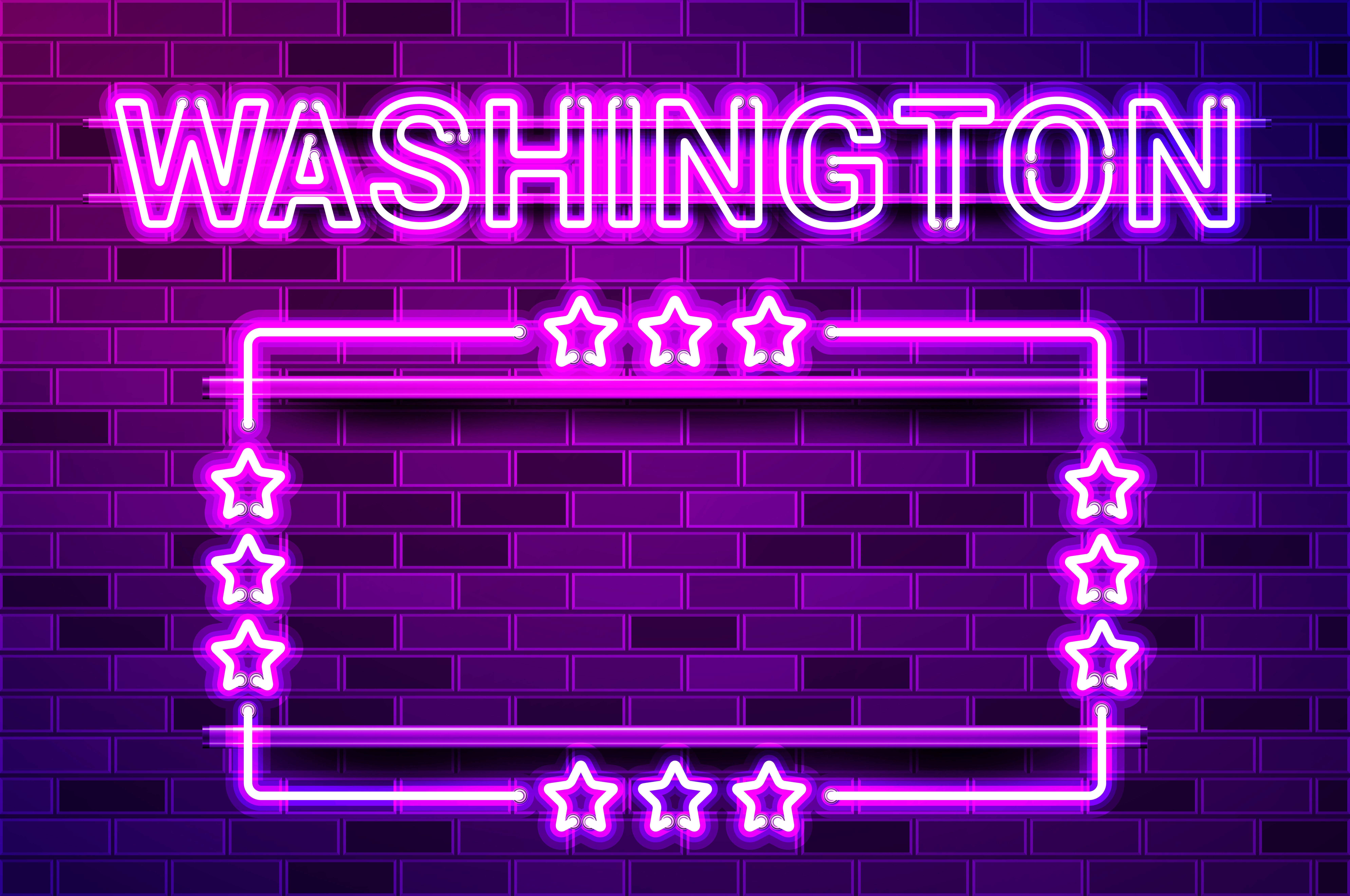 Washington US State glowing purple neon lettering and a rectangular frame with stars. Realistic vector illustration. Purple brick wall, violet glow, metal holders.. Washington US State glowing purple neon lettering and a rectangular frame with stars