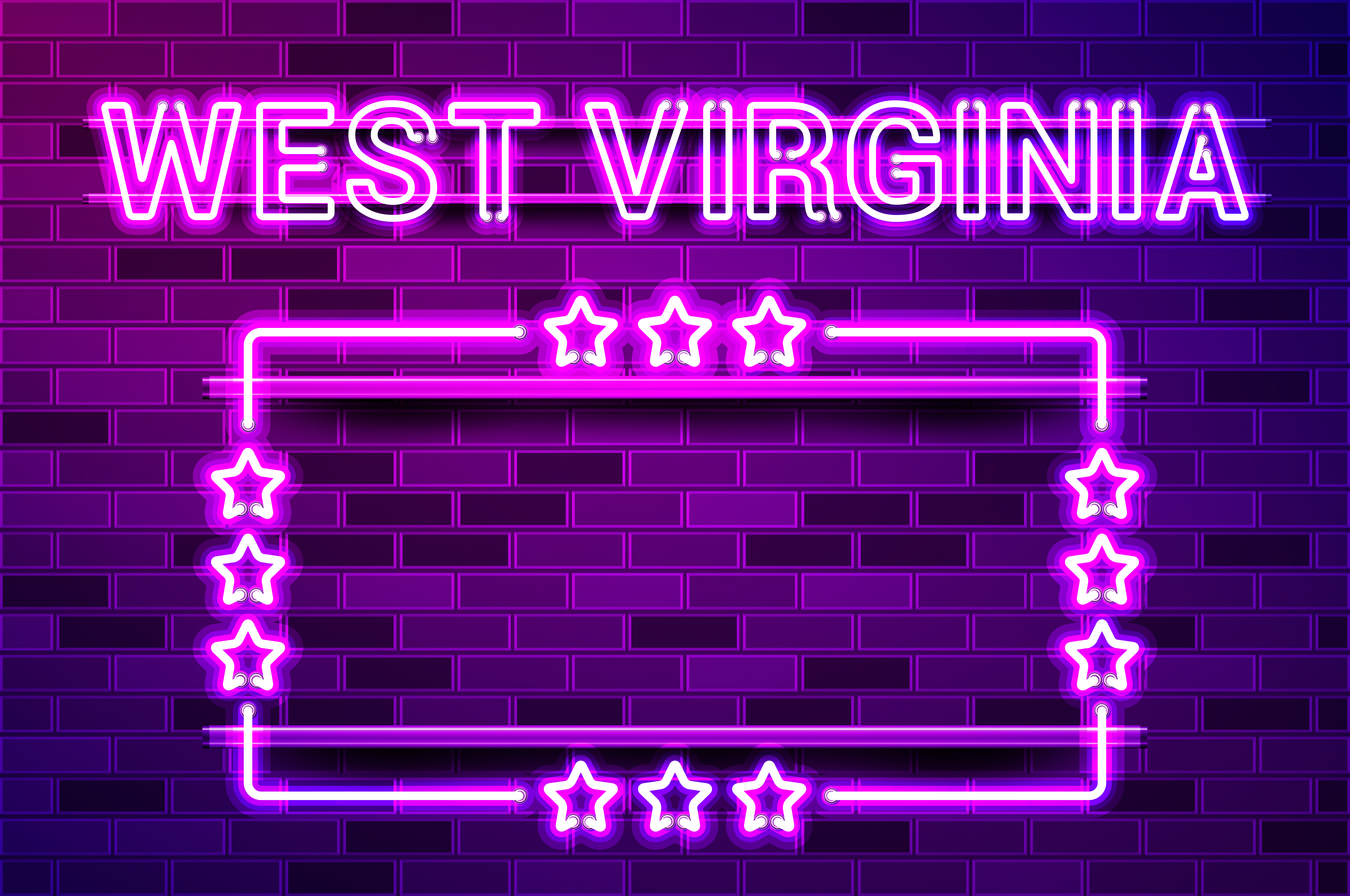 West Virginia US State glowing purple neon lettering and a rectangular frame with stars. Realistic vector illustration. Purple brick wall, violet glow, metal holders.. West Virginia US State glowing purple neon lettering and a rectangular frame with stars
