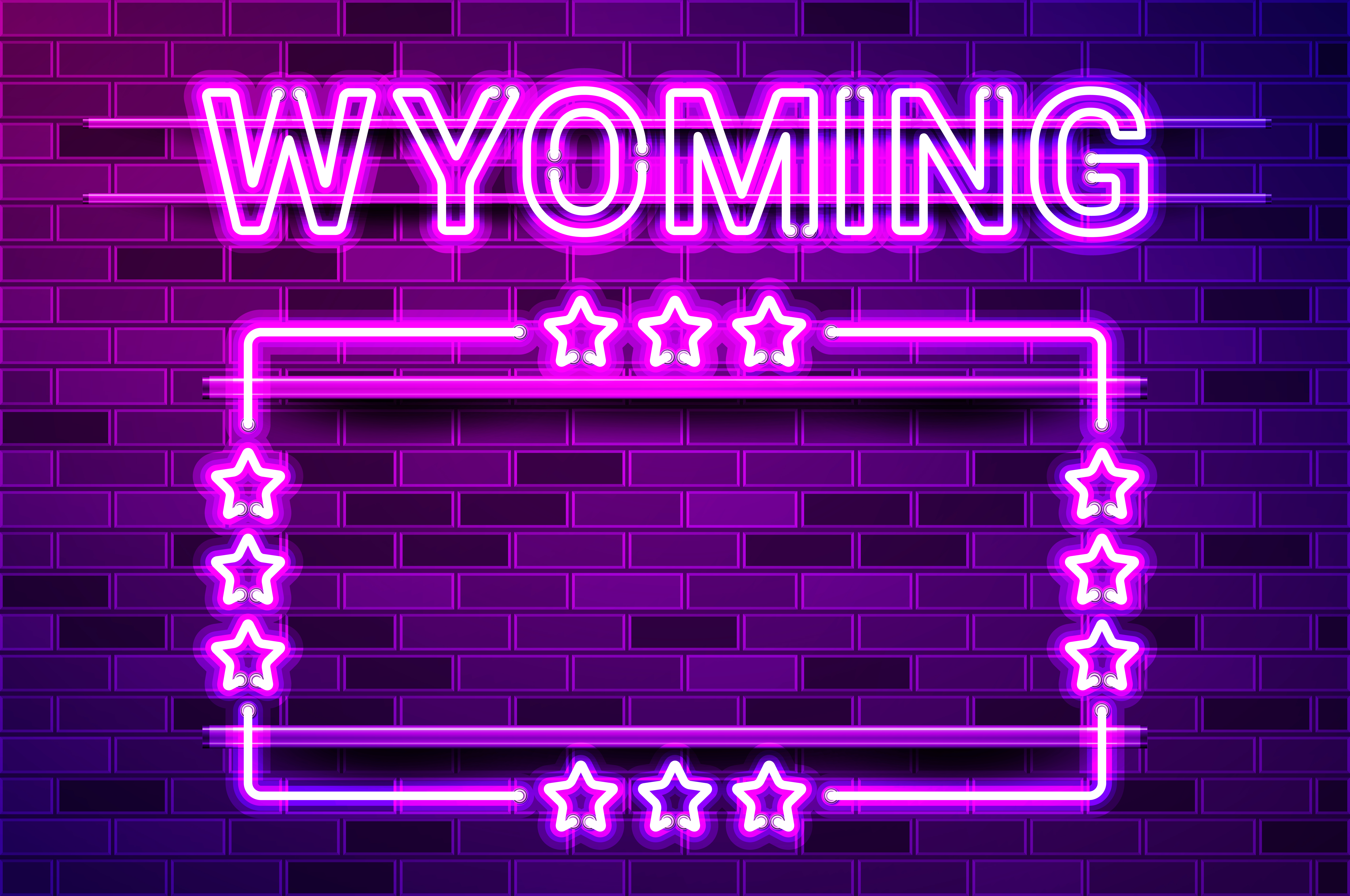Wyoming US State glowing purple neon lettering and a rectangular frame with stars. Realistic vector illustration. Purple brick wall, violet glow, metal holders.. Wyoming US State glowing purple neon lettering and a rectangular frame with stars