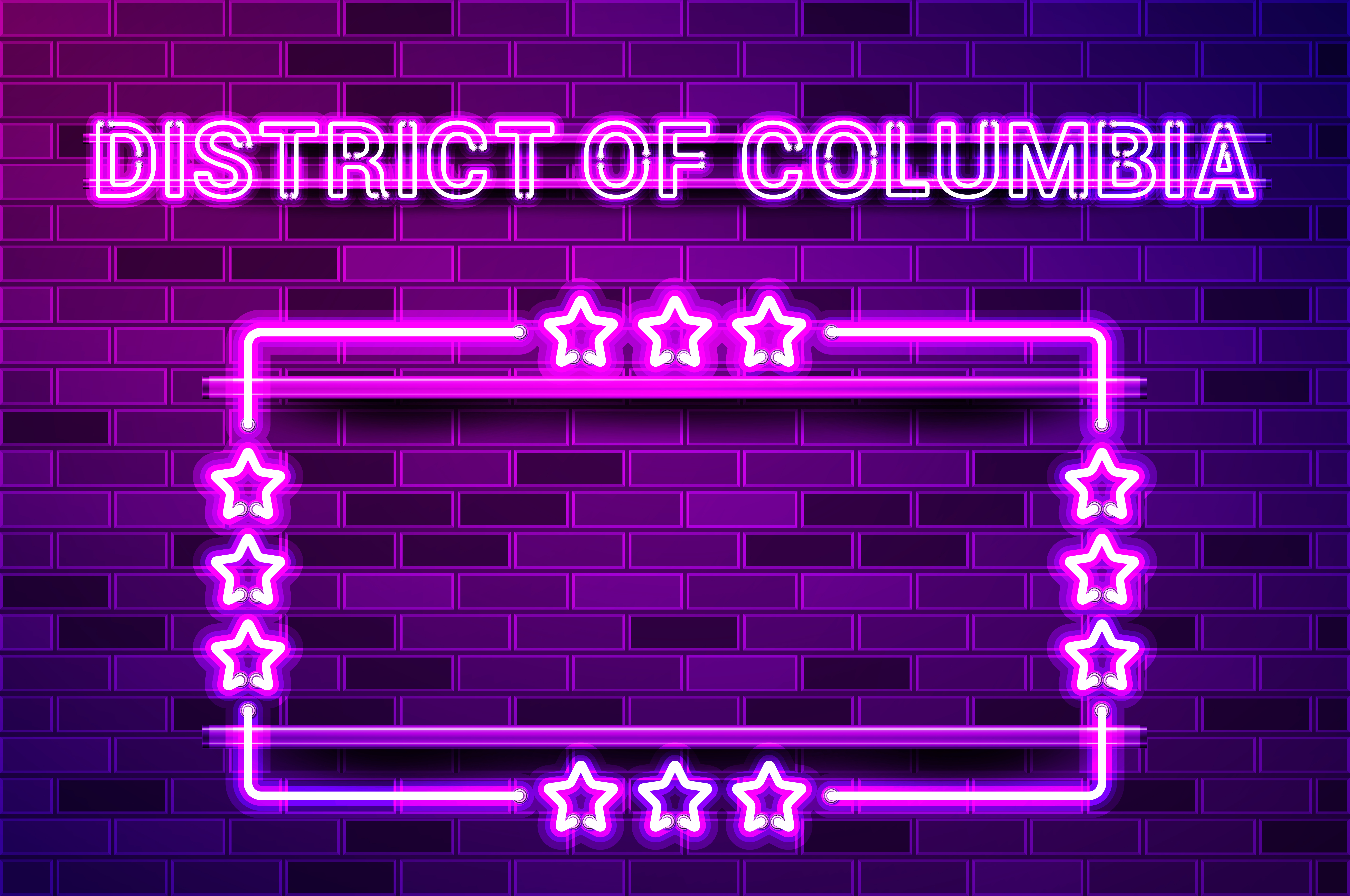District of Columbia glowing purple neon lettering and a rectangular frame with stars. Realistic vector illustration. Purple brick wall, violet glow, metal holders.. District of Columbia glowing purple neon lettering and a rectangular frame with stars