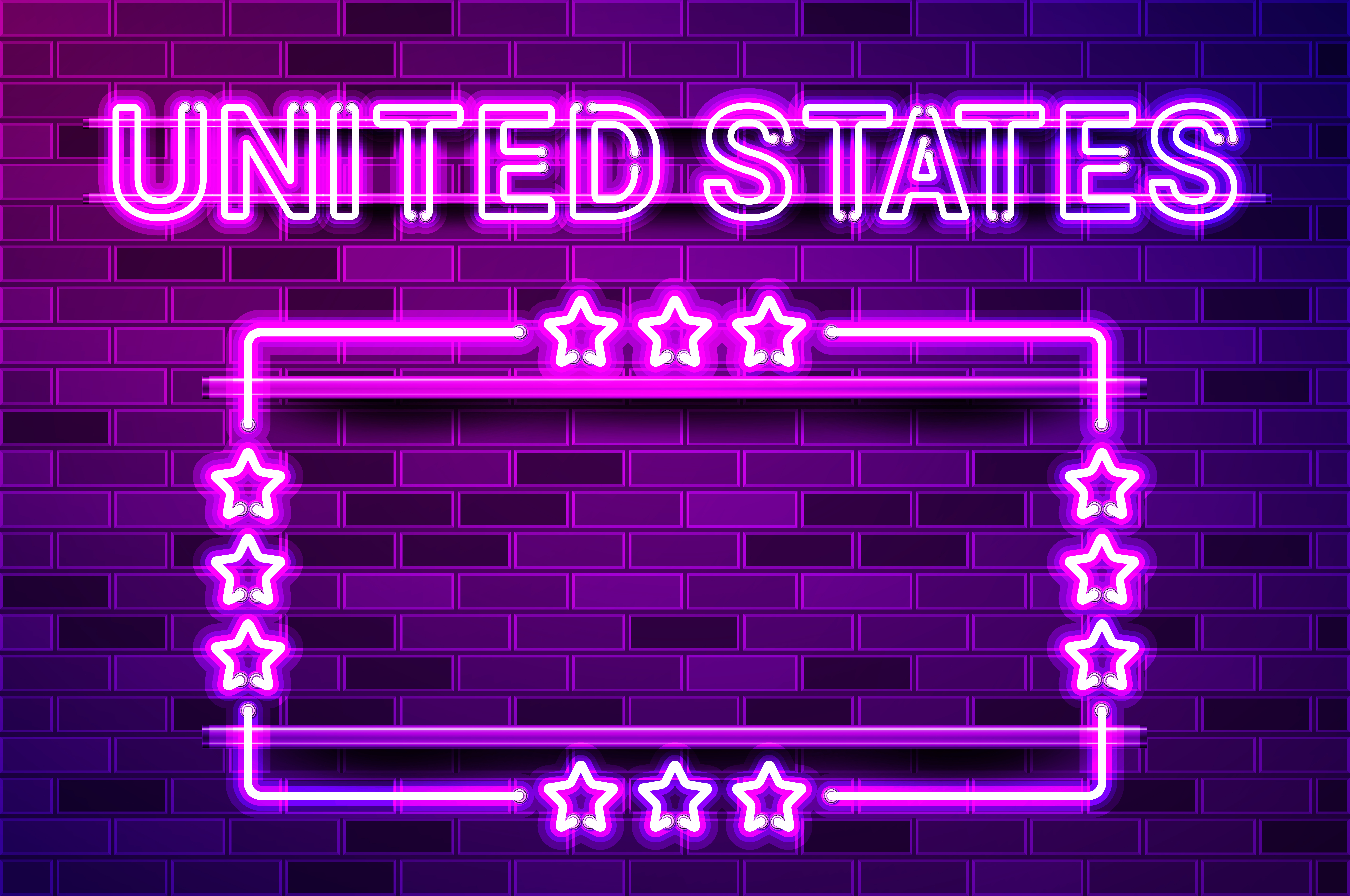 United States glowing purple neon lettering and a rectangular frame with stars. Realistic vector illustration. Purple brick wall, violet glow, metal holders.. United States glowing purple neon lettering and a rectangular frame with stars
