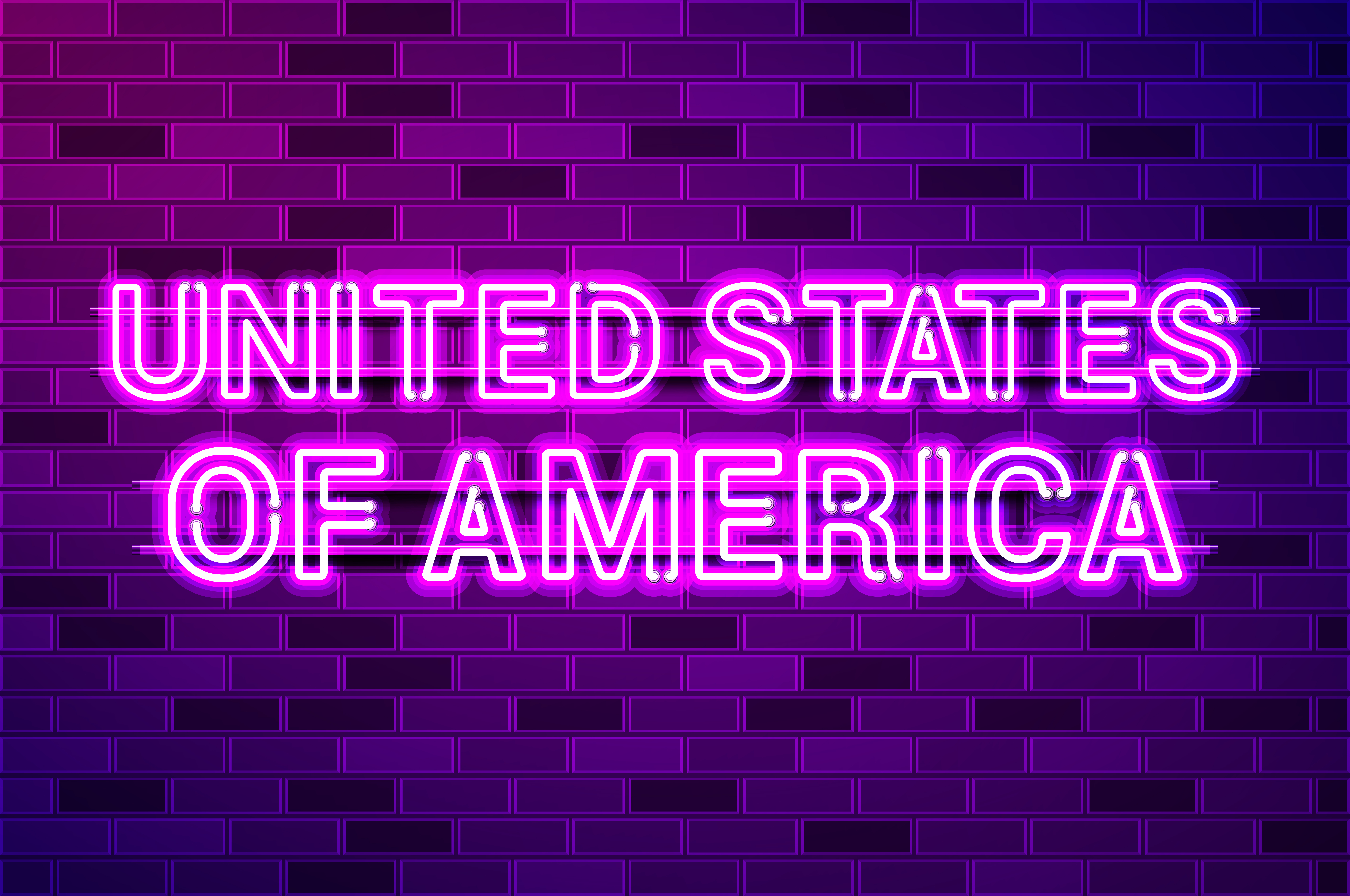 United States of America glowing purple neon lettering. Realistic vector illustration. Purple brick wall, violet glow, metal holders.. United States of America glowing purple neon lettering