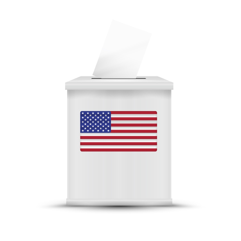 White ballot box isolated. American flag. 2020 United States presidential election. Vector illustration.. White ballot box isolated.