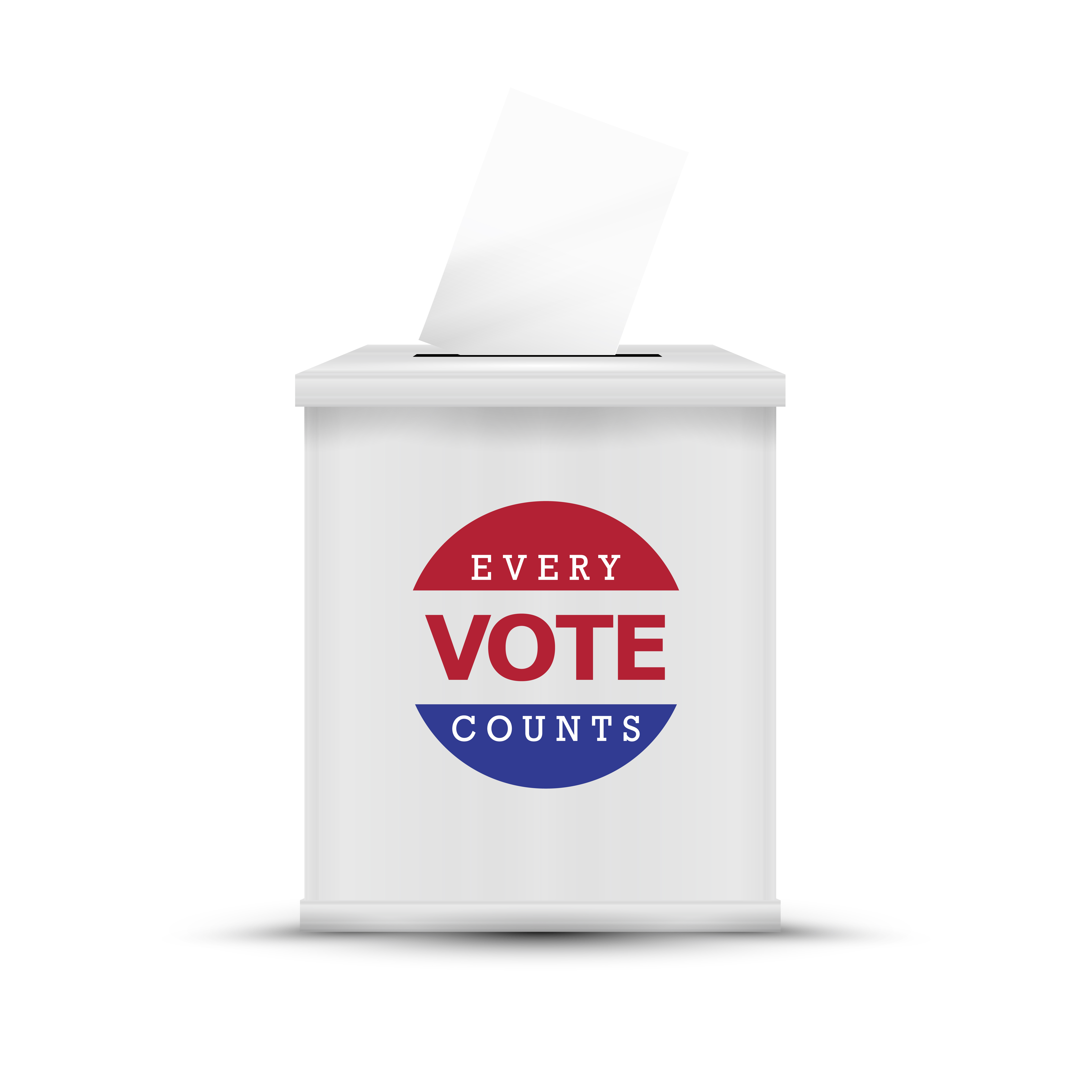 White ballot box isolated. Every vote counts. 2020 United States presidential election. Vector illustration.. White ballot box isolated.