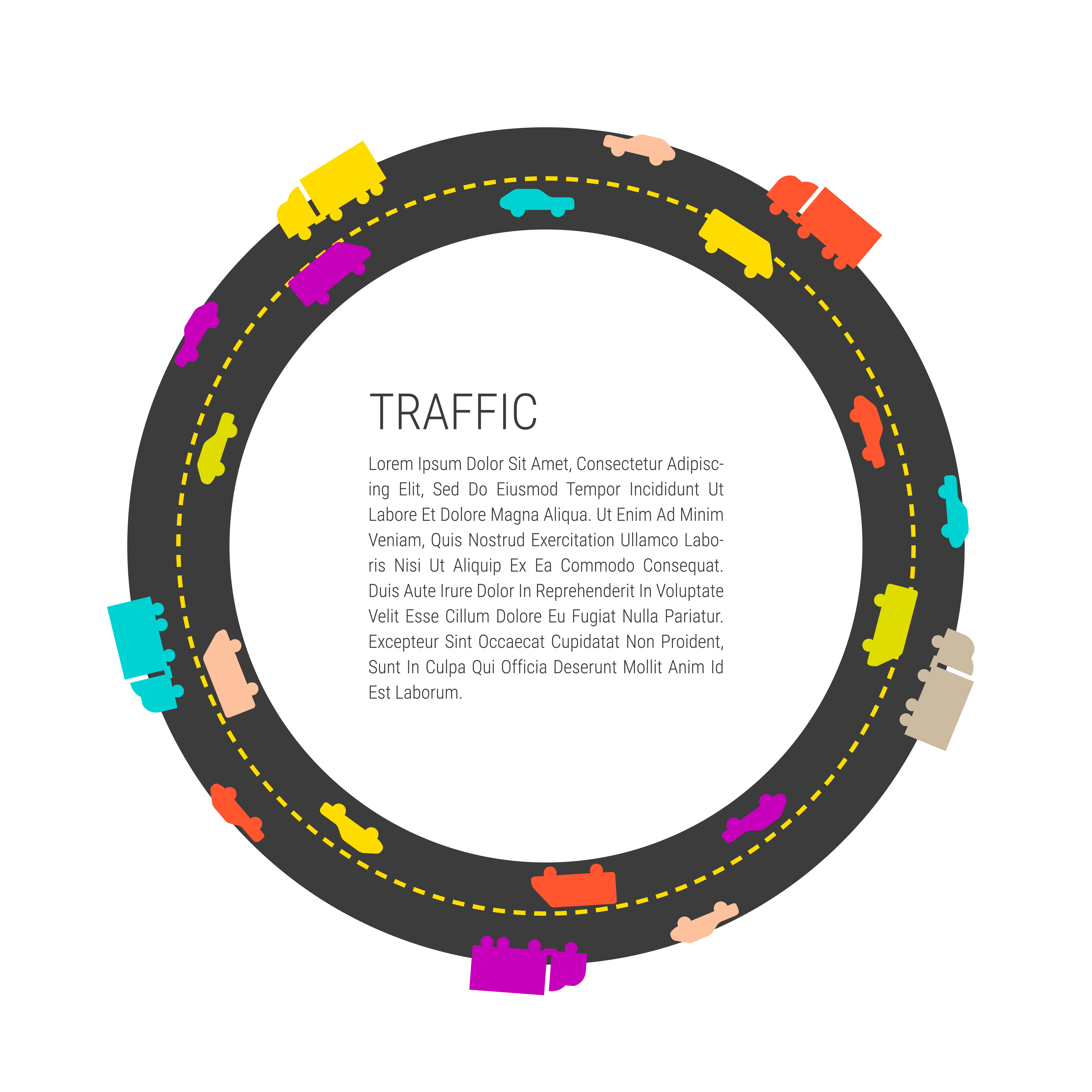 Traffic on the ring road. Sample text. Flat style vector illustration isolated on white.. Traffic on the ring road. Flat style vector illustration