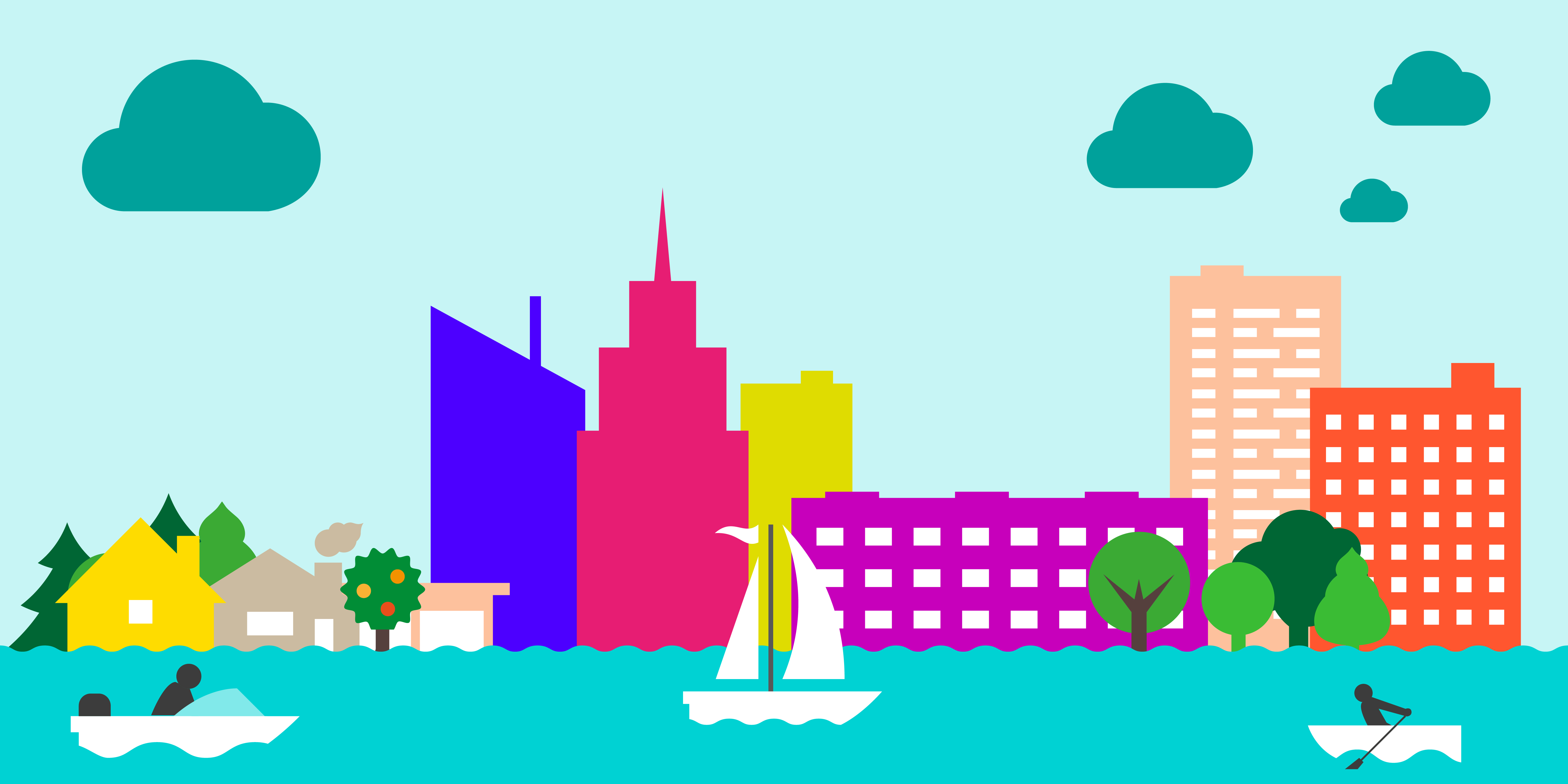 On the horizon is a big city, and in front of it is a reservoir with small boats. Flat style vector illustration.. Big city and water rest. Flat style vector illustration