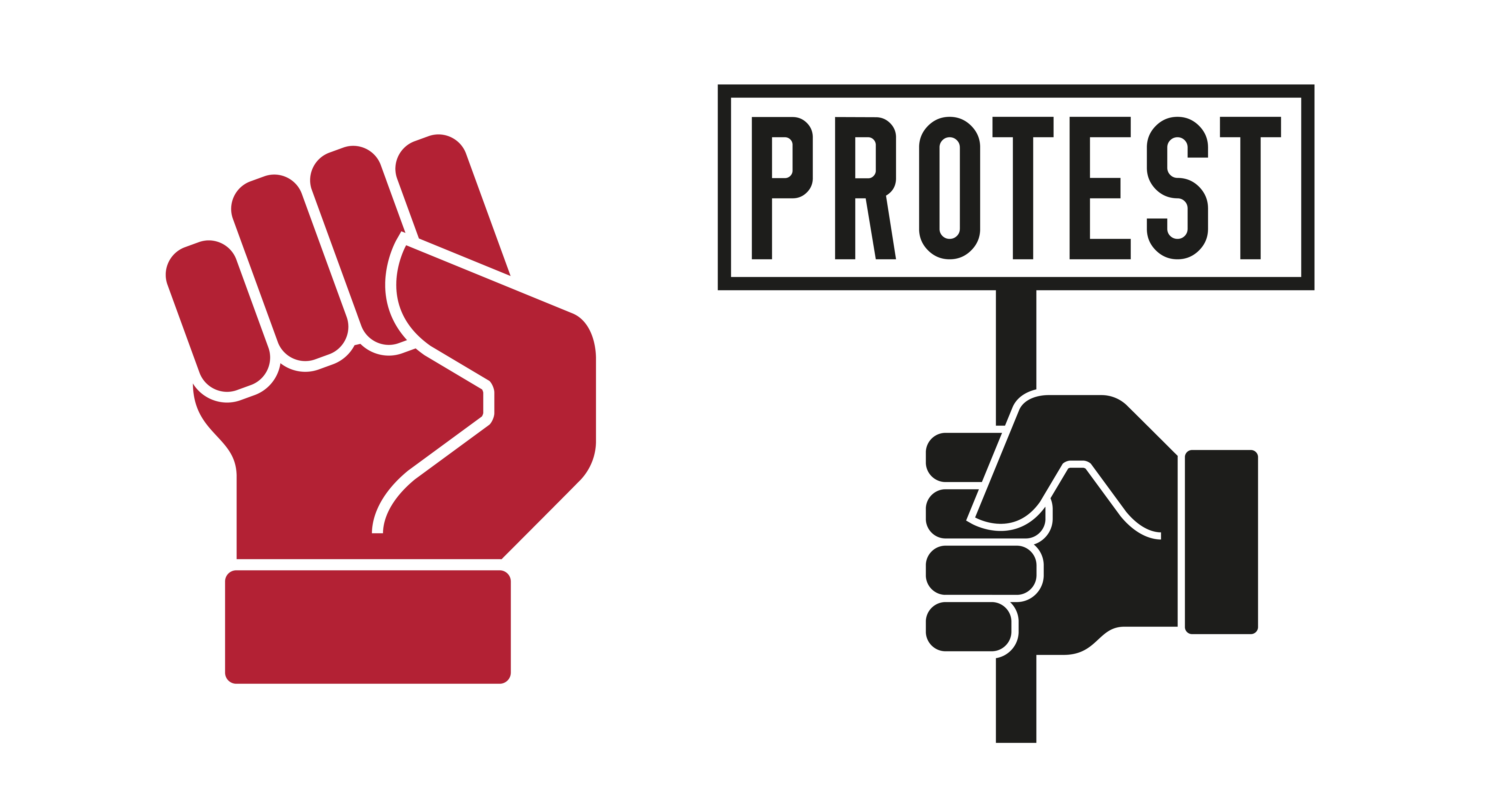 Protest hand holds placard and rased fist. Flat style vector illustration.. Protest hand holds placard and rased fist. Vector illustration
