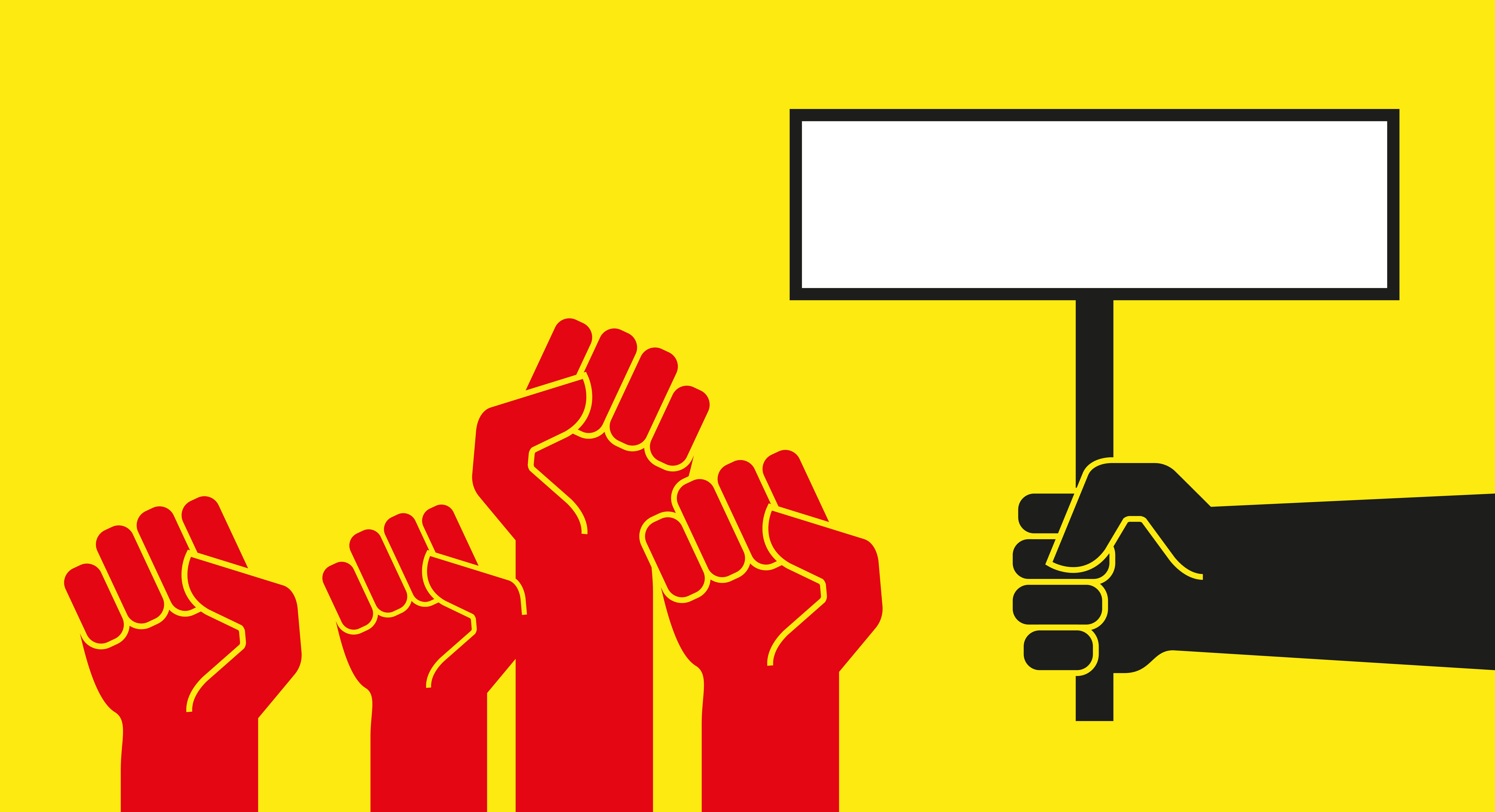 Red protest hands with raised fists. Black hand holding a placard. Protest banner vector template.. Red protest hands with raised fists. Vector illustration
