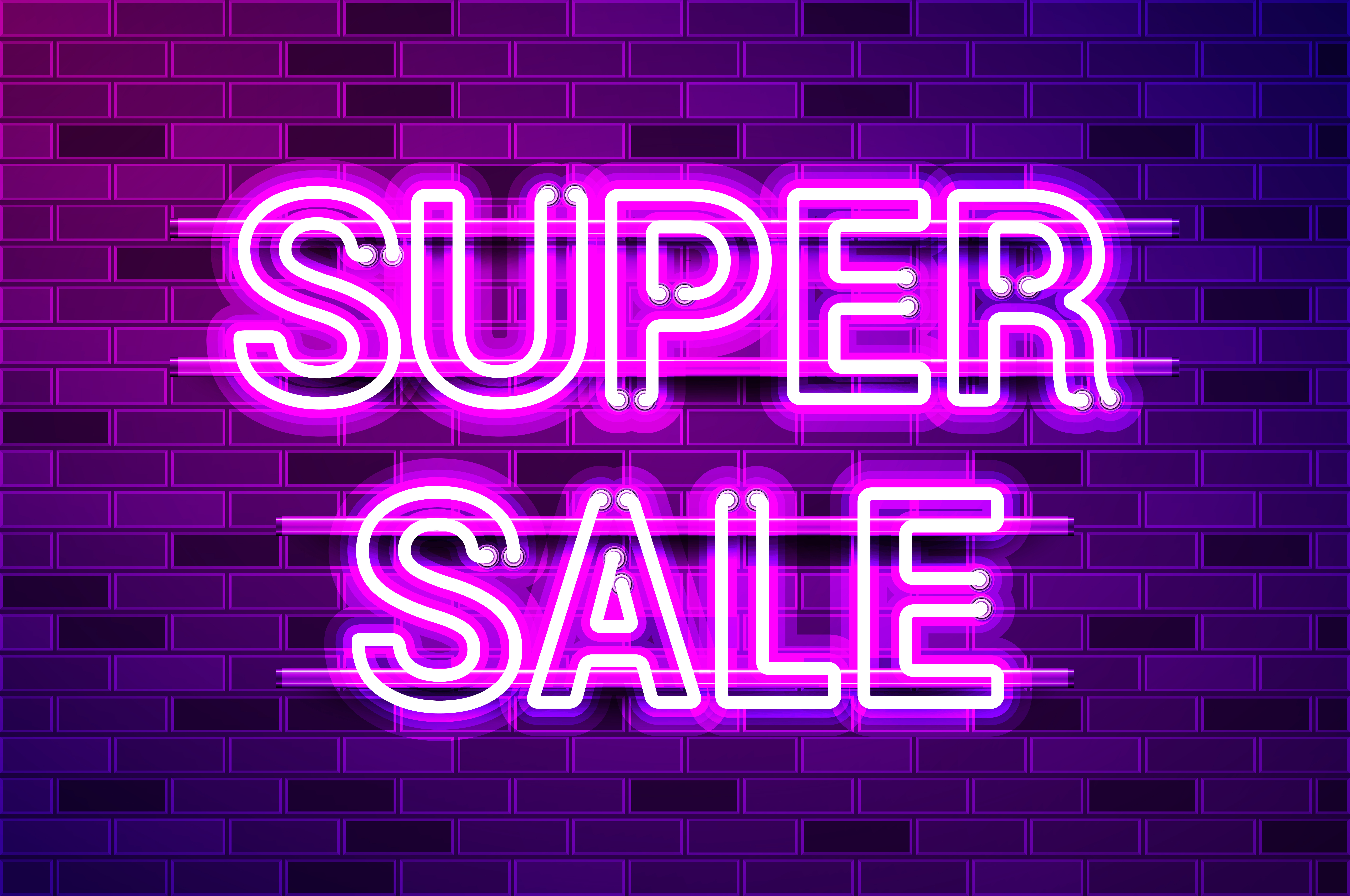 SUPER SALE glowing neon lamp sign. Realistic vector illustration. Purple brick wall, violet glow, metal holders.. SUPER SALE glowing purple neon lamp sign
