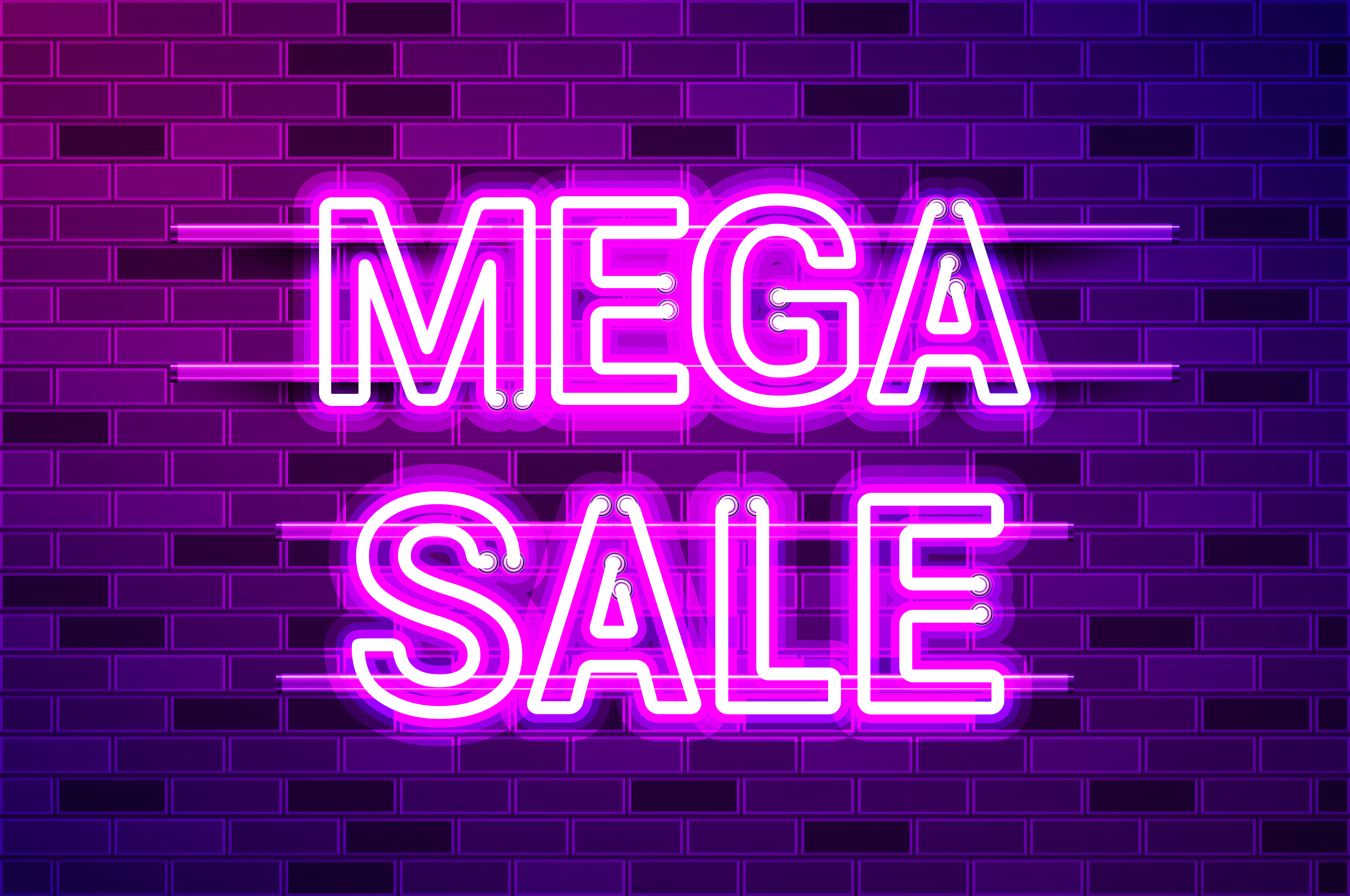 MEGA SALE glowing neon lamp sign. Realistic vector illustration. Purple brick wall, violet glow, metal holders.. MEGA SALE glowing purple neon lamp sign