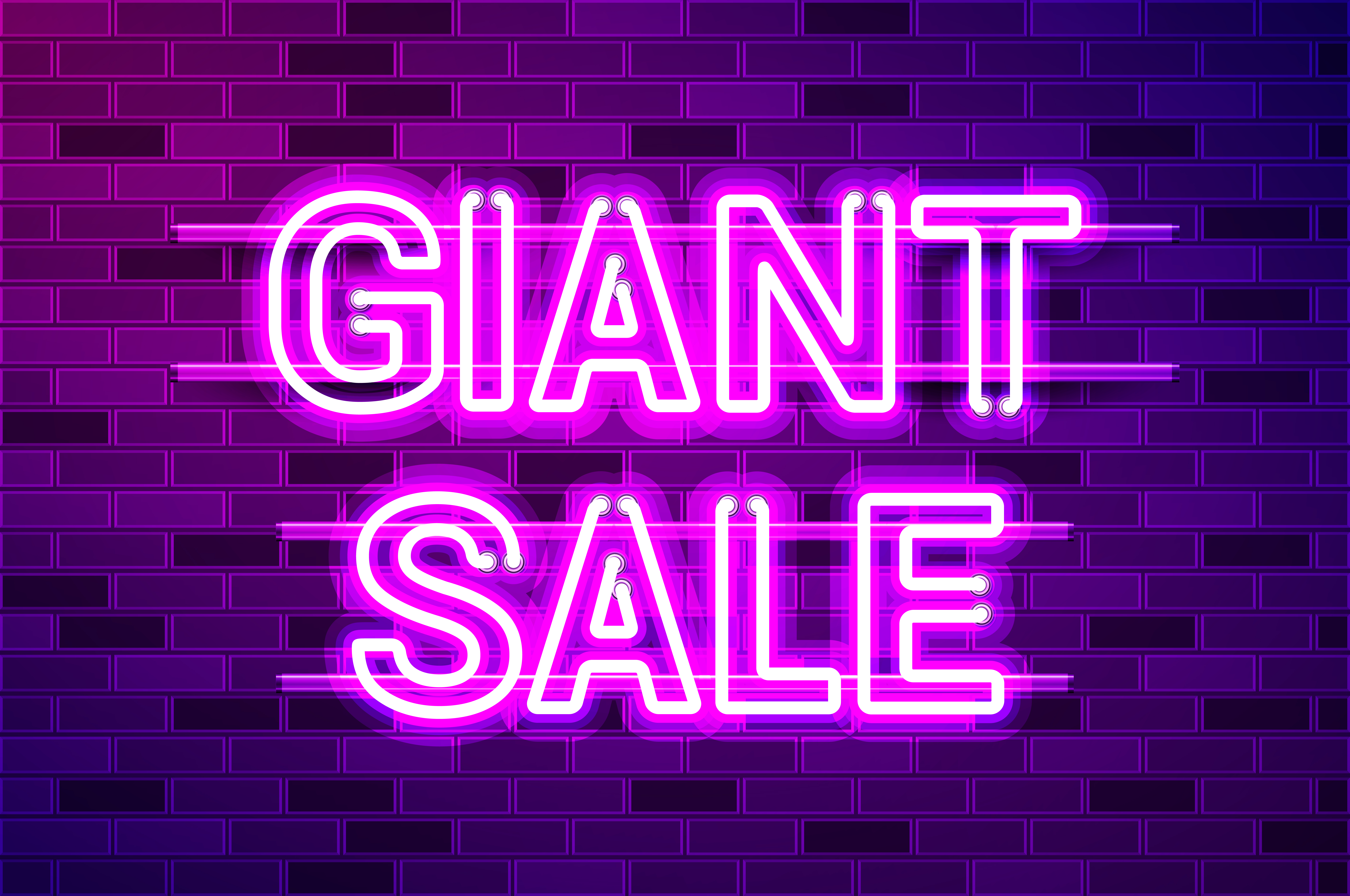 GIANT SALE glowing neon lamp sign. Realistic vector illustration. Purple brick wall, violet glow, metal holders.. GIANT SALE glowing purple neon lamp sign