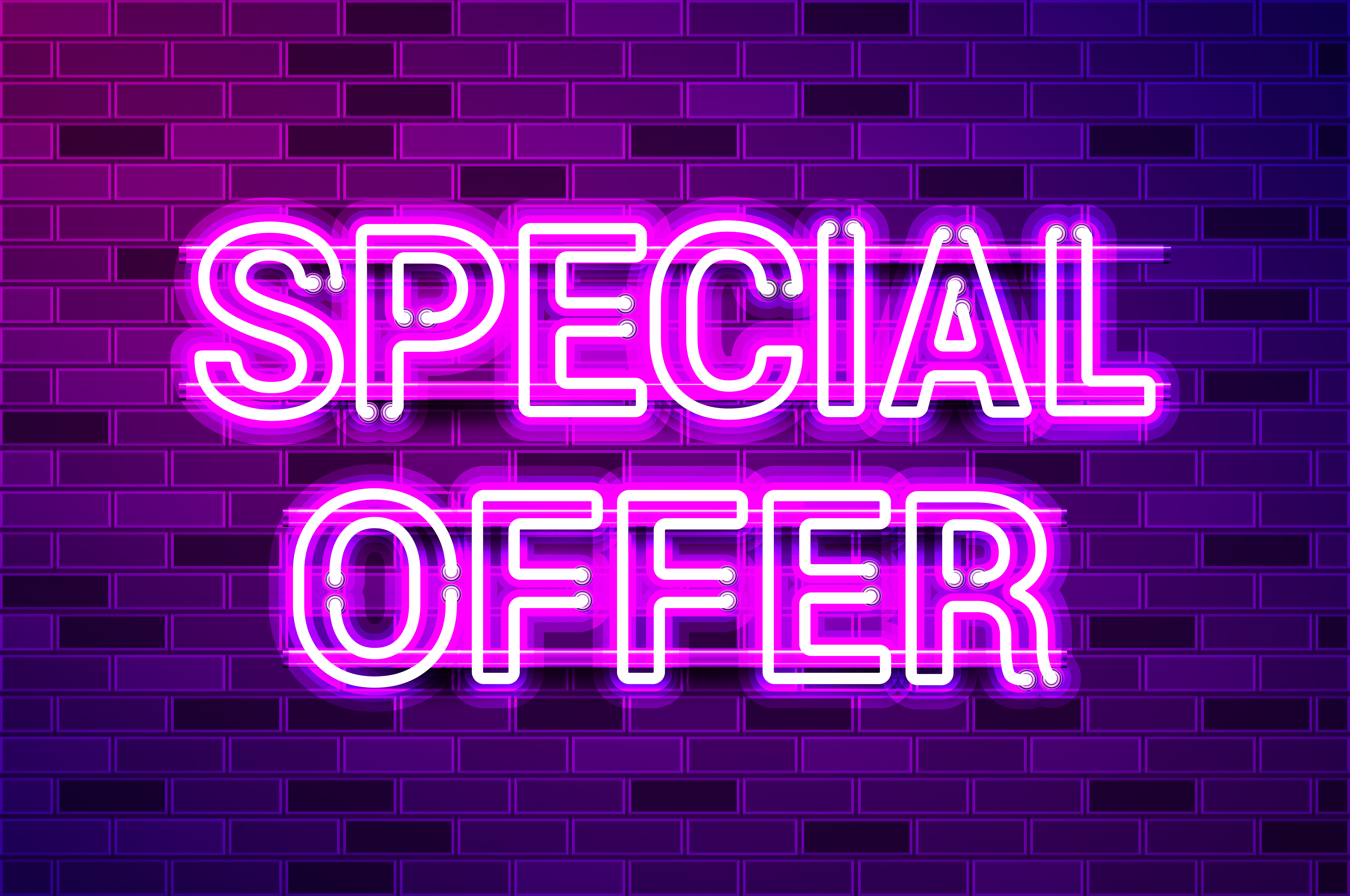 SPECIAL OFFER glowing neon lamp sign. Realistic vector illustration. Purple brick wall, violet glow, metal holders.. SPECIAL OFFER glowing purple neon lamp sign