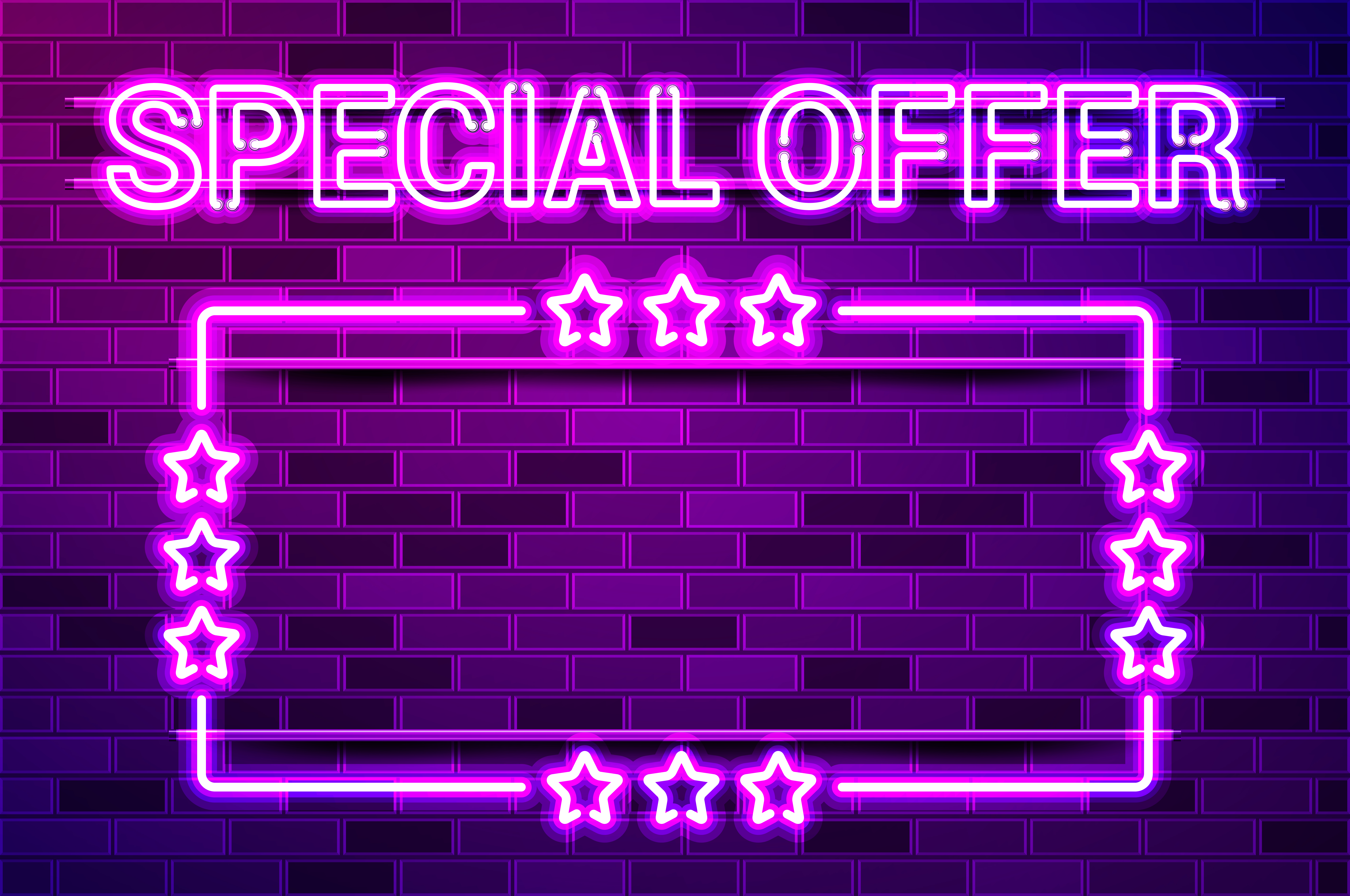 SPECIAL OFFER text with starred frame glowing neon lamp sign. Realistic vector illustration. Purple brick wall, violet glow, metal holders.. SPECIAL OFFER text with starred frame glowing purple neon lamp sign