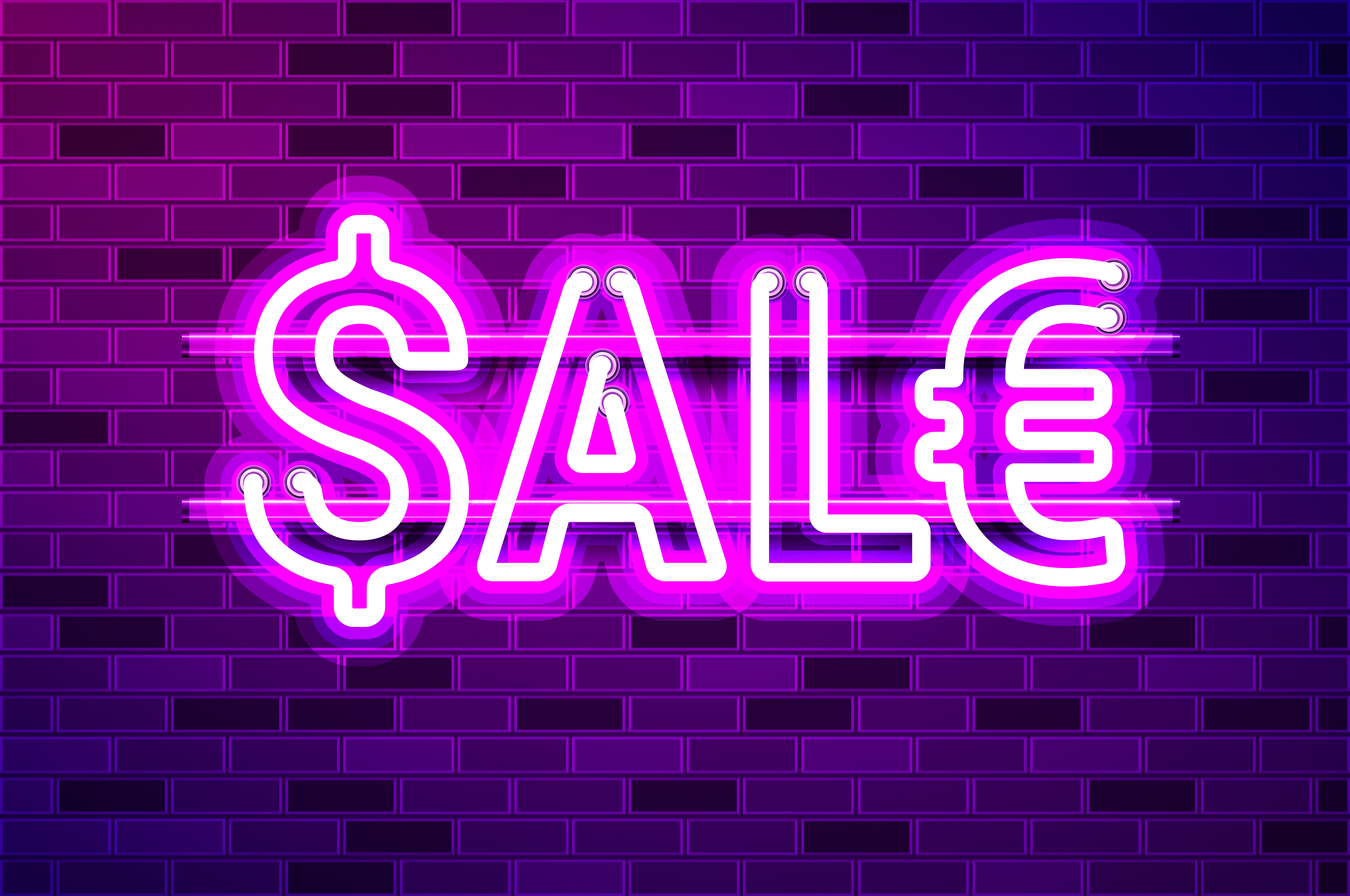 SALE text with dollar and euro signs glowing neon lamp sign. Realistic vector illustration. Purple brick wall, violet glow, metal holders.. SALE text with dollar and euro signs glowing purple neon lamp sign