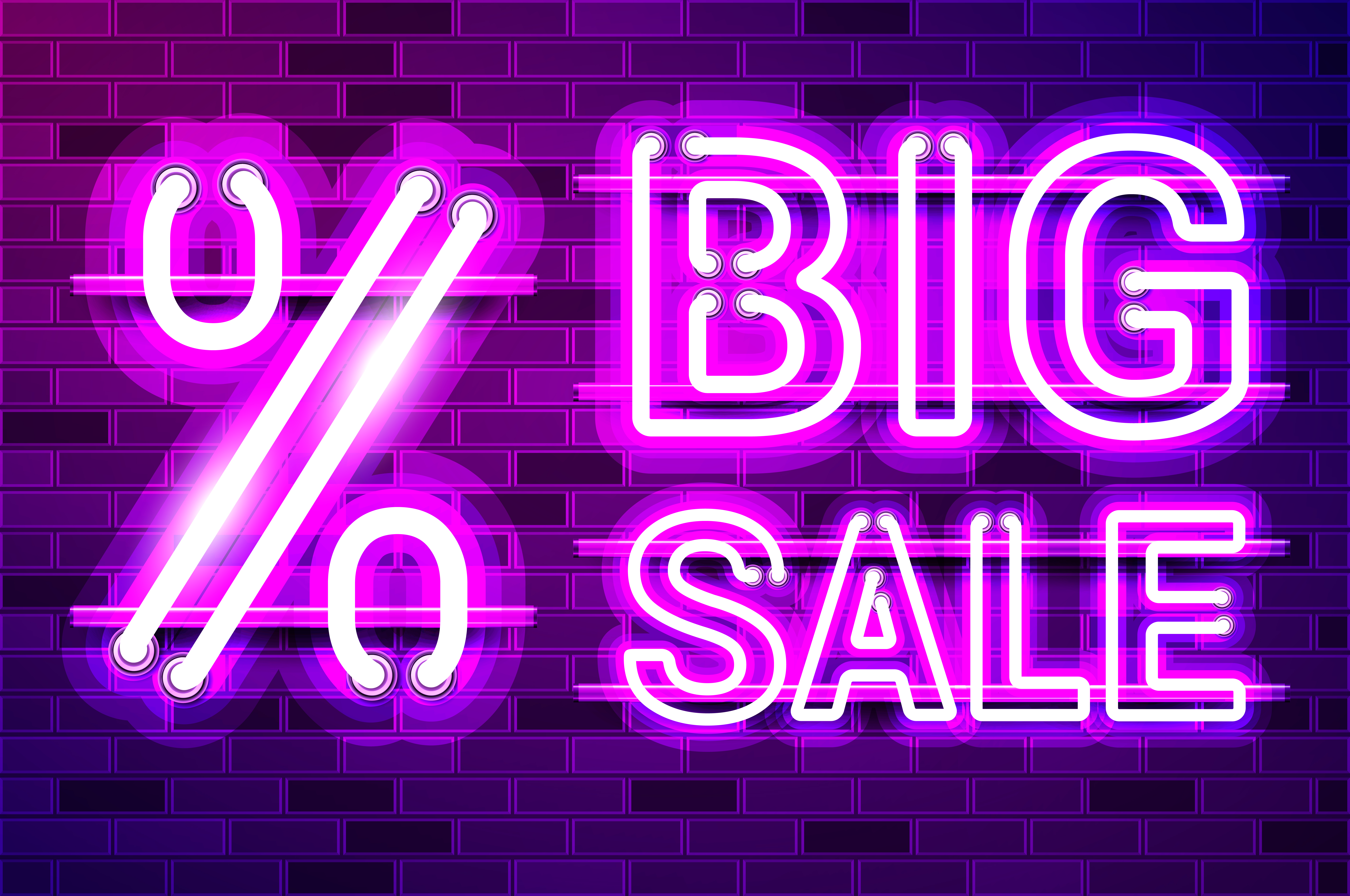 BIG SALE lettering with a large percent symbol glowing neon lamp sign. Realistic vector illustration. Purple brick wall, violet glow, metal holders.. BIG SALE lettering with a large percent symbol glowing purple neon lamp sign