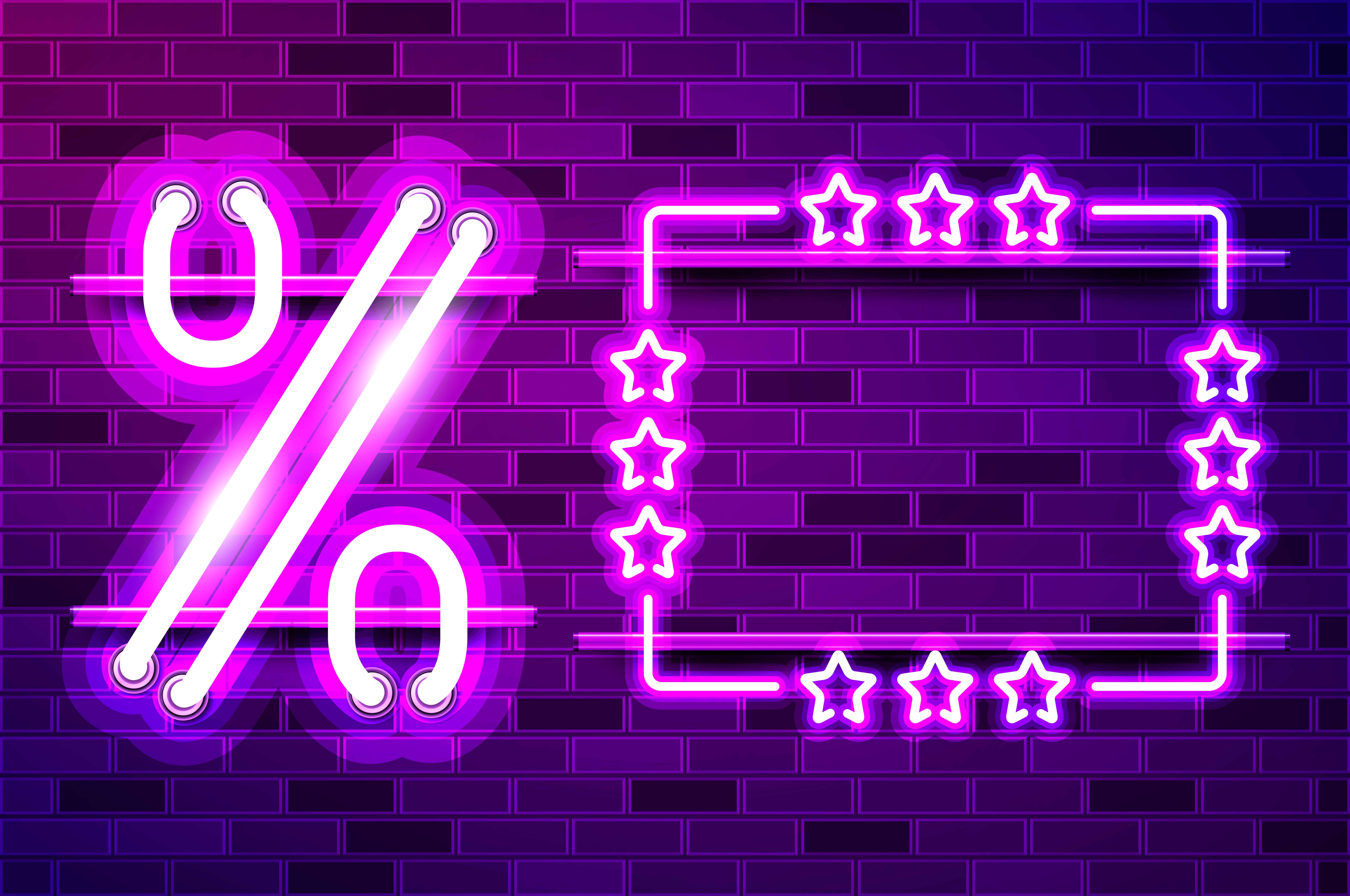 Large percent symbol with empty starred frame glowing neon lamp sign. Realistic vector illustration. Purple brick wall, violet glow, metal holders.. Large percent symbol with empty starred frame glowing purple neon lamp sign