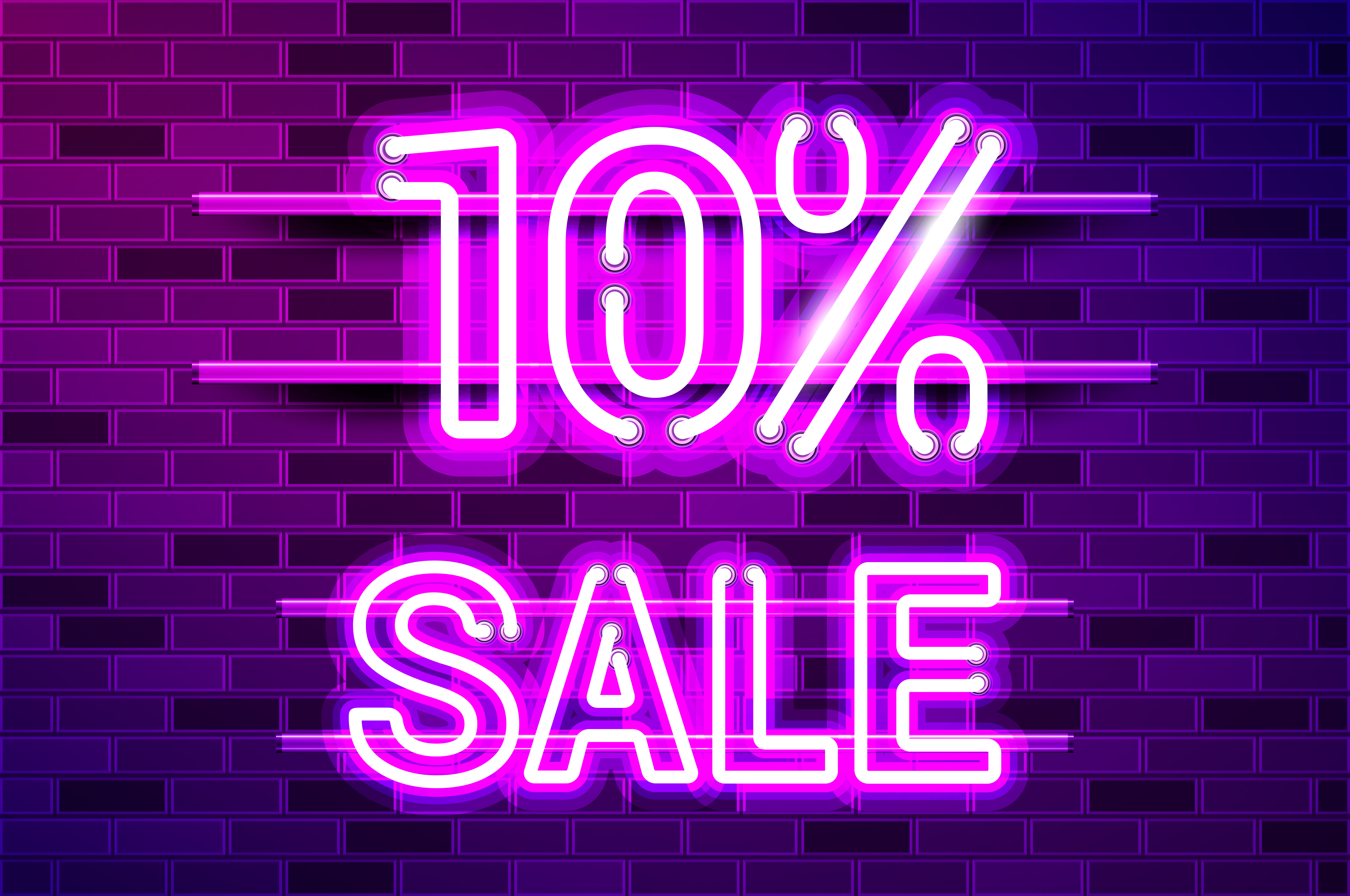 10 percent SALE glowing neon lamp sign. Realistic vector illustration. Purple brick wall, violet glow, metal holders.. 10 percent SALE glowing purple neon lamp sign