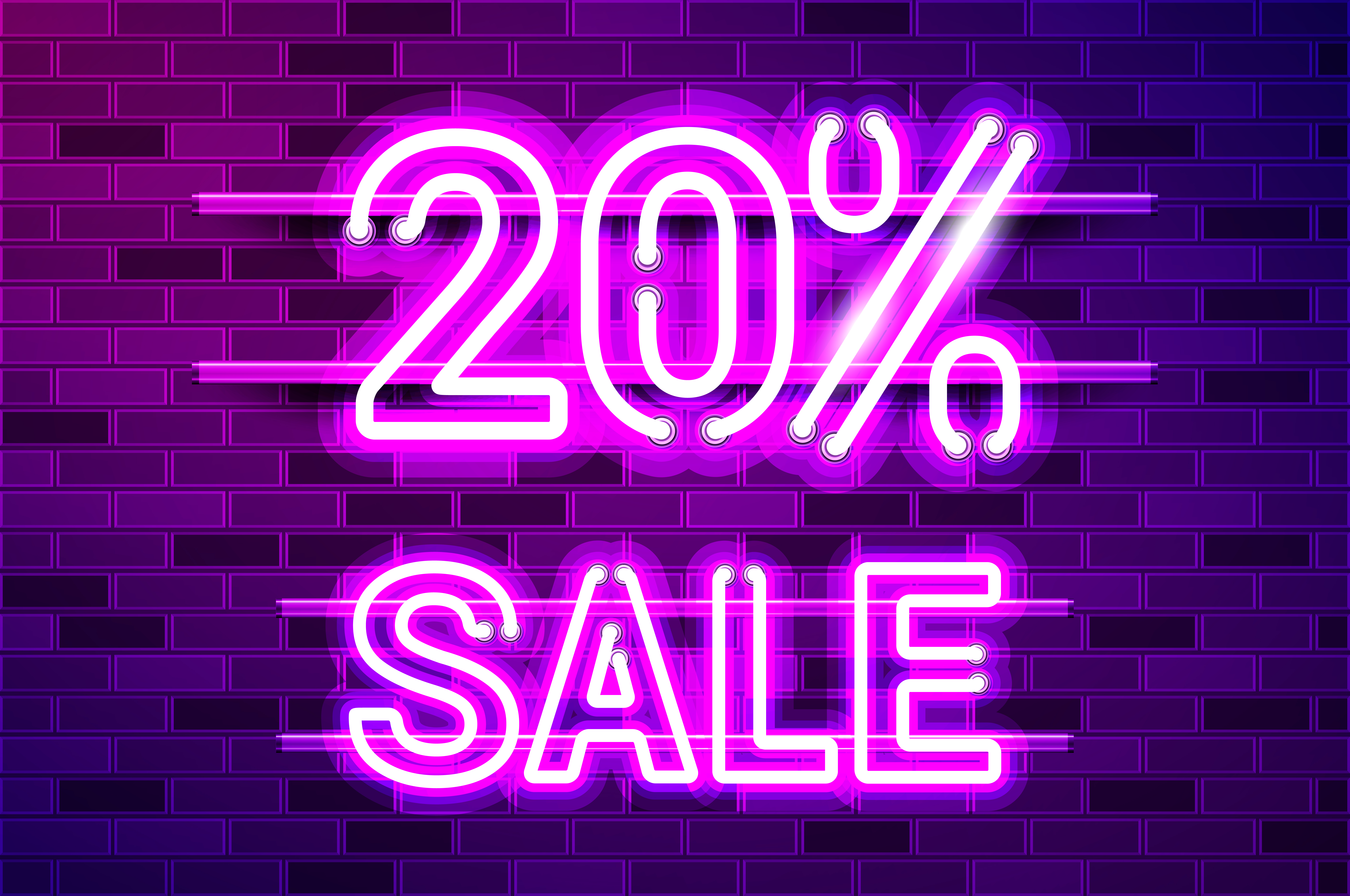 20 percent SALE glowing neon lamp sign. Realistic vector illustration. Purple brick wall, violet glow, metal holders.. 20 percent SALE glowing purple neon lamp sign