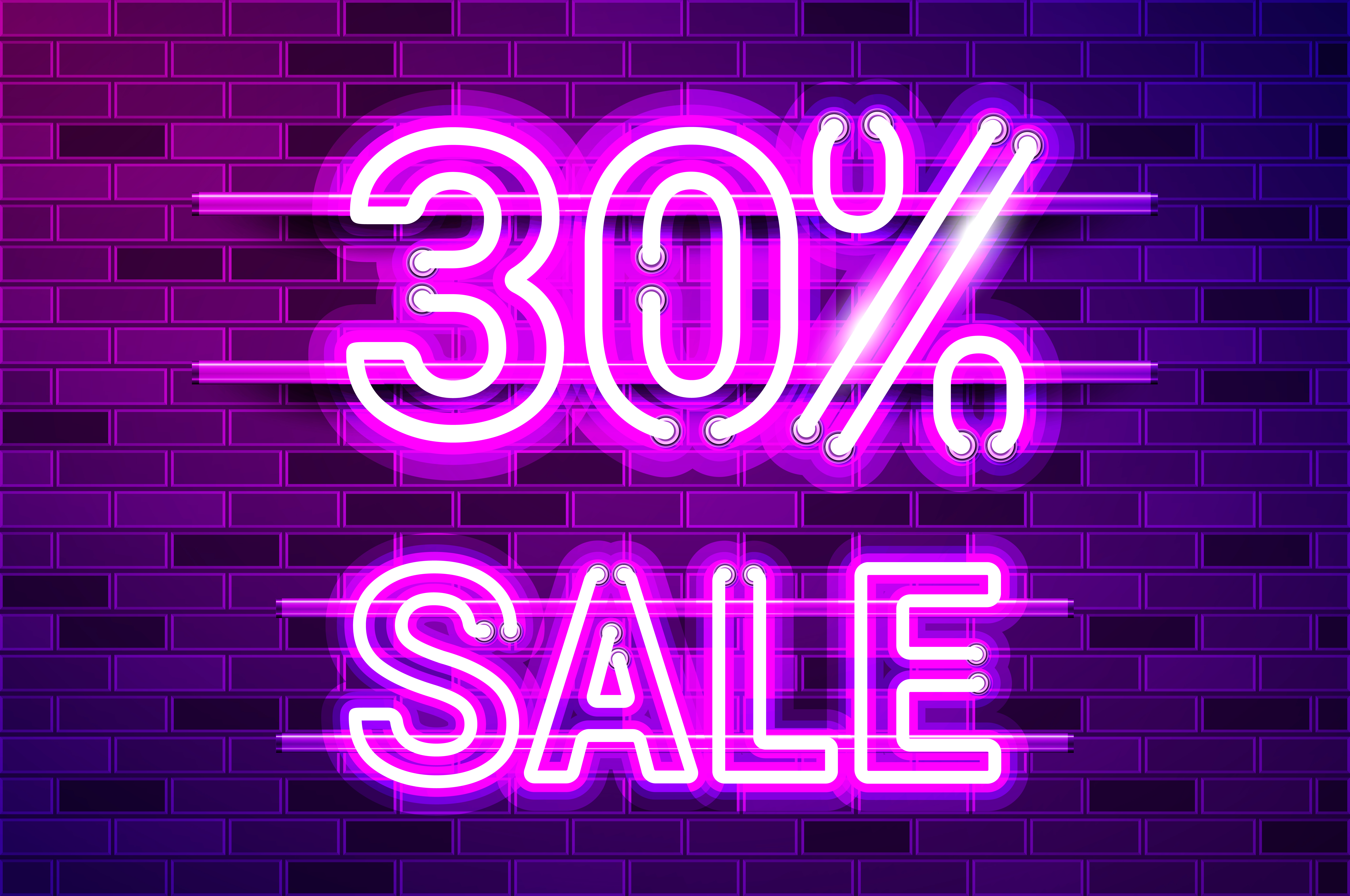 30 percent SALE glowing neon lamp sign. Realistic vector illustration. Purple brick wall, violet glow, metal holders.. 30 percent SALE glowing purple neon lamp sign