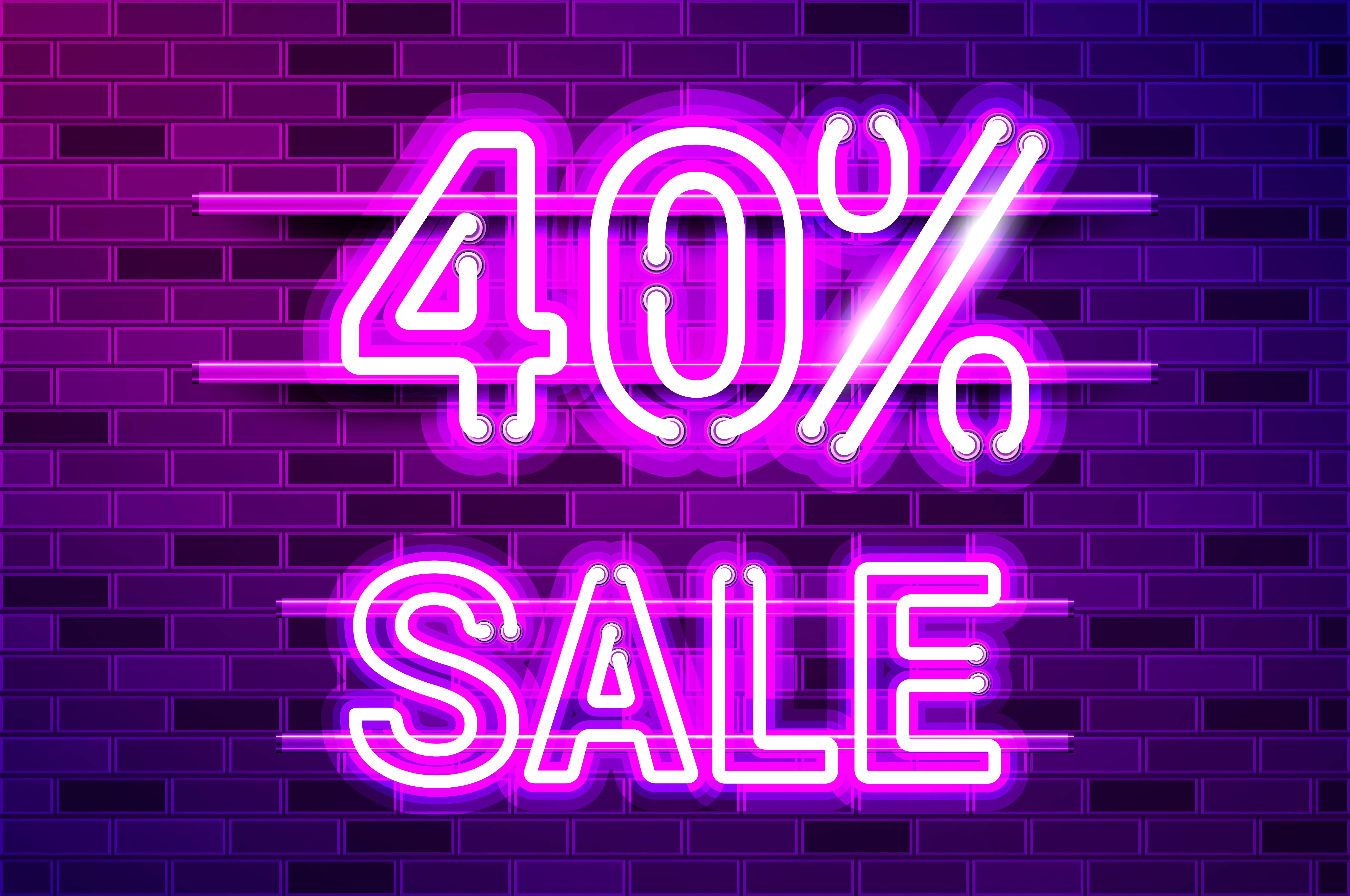 40 percent SALE glowing neon lamp sign. Realistic vector illustration. Purple brick wall, violet glow, metal holders.. 40 percent SALE glowing purple neon lamp sign