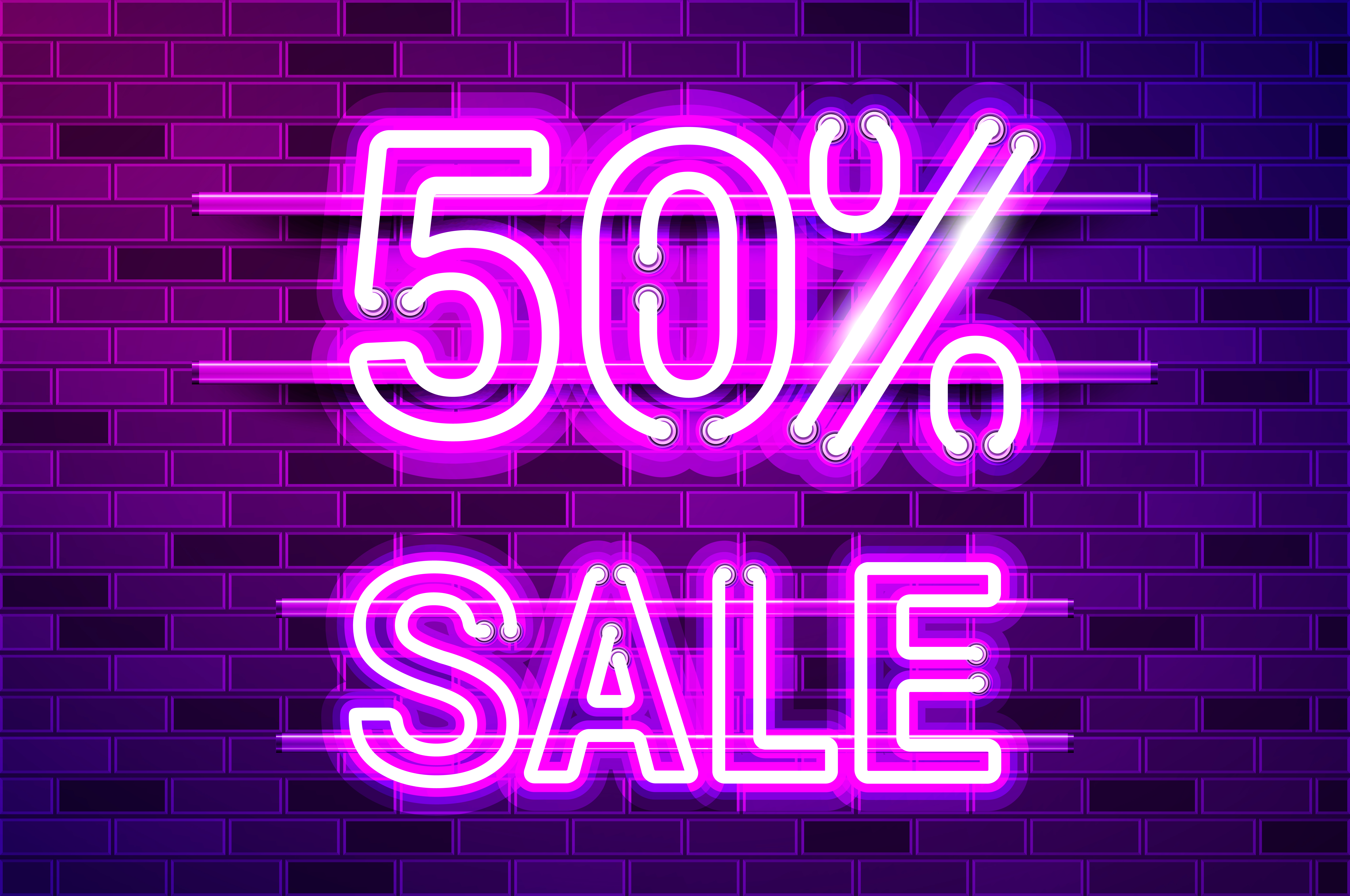 50 percent SALE glowing neon lamp sign. Realistic vector illustration. Purple brick wall, violet glow, metal holders.. 50 percent SALE glowing purple neon lamp sign