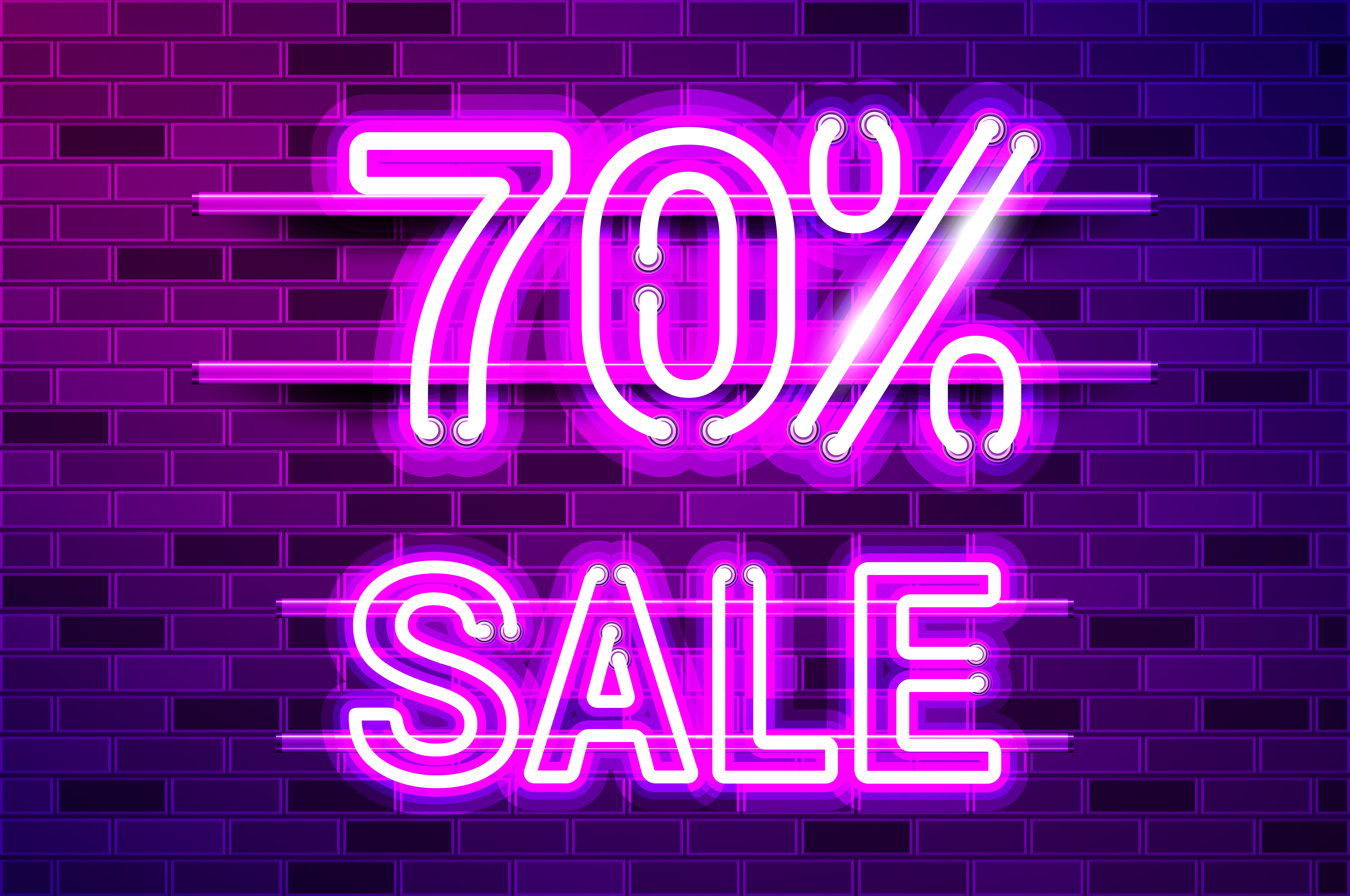 70 percent SALE glowing neon lamp sign. Realistic vector illustration. Purple brick wall, violet glow, metal holders.. 70 percent SALE glowing purple neon lamp sign