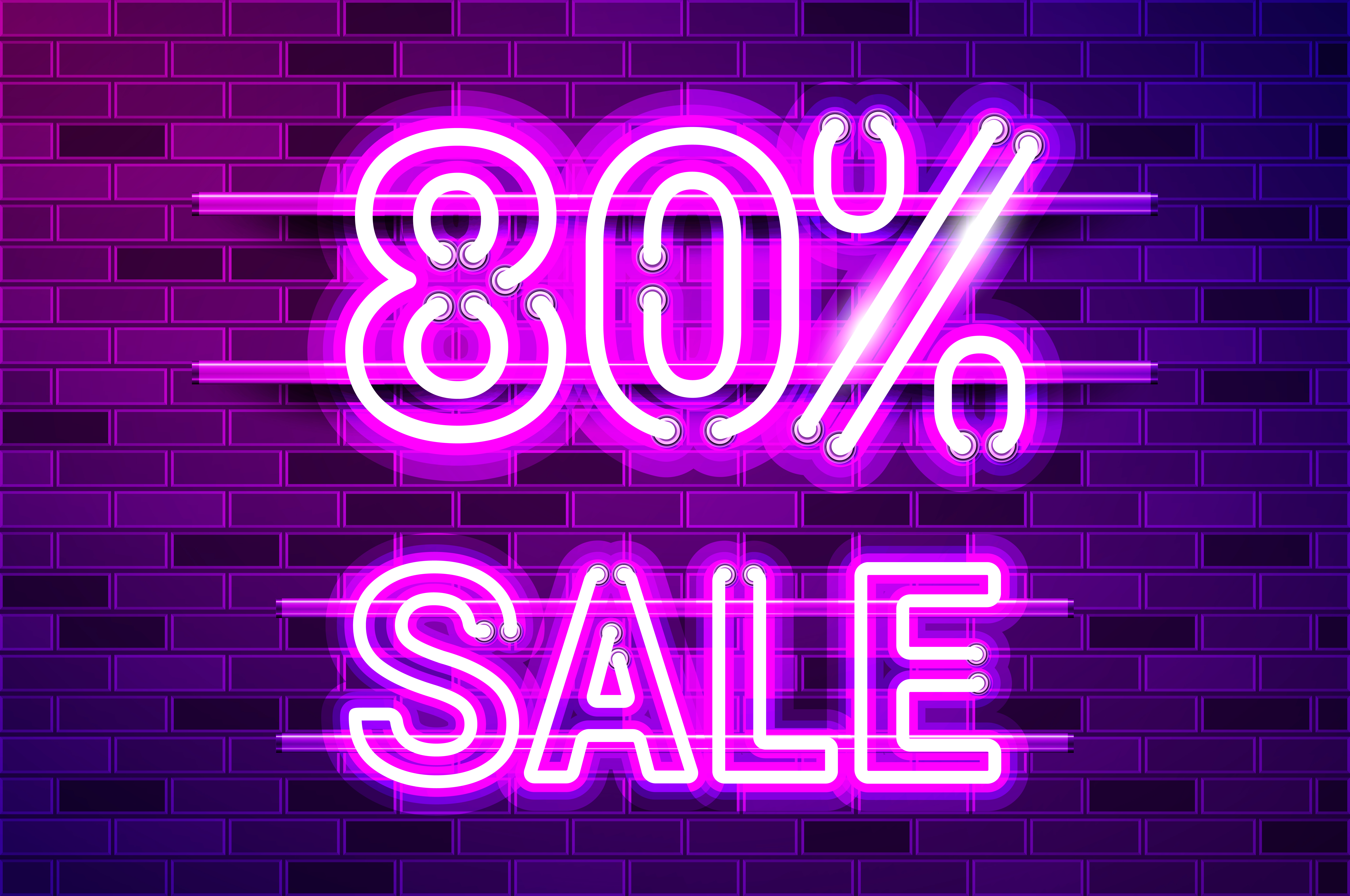 80 percent SALE glowing neon lamp sign. Realistic vector illustration. Purple brick wall, violet glow, metal holders.. 80 percent SALE glowing purple neon lamp sign