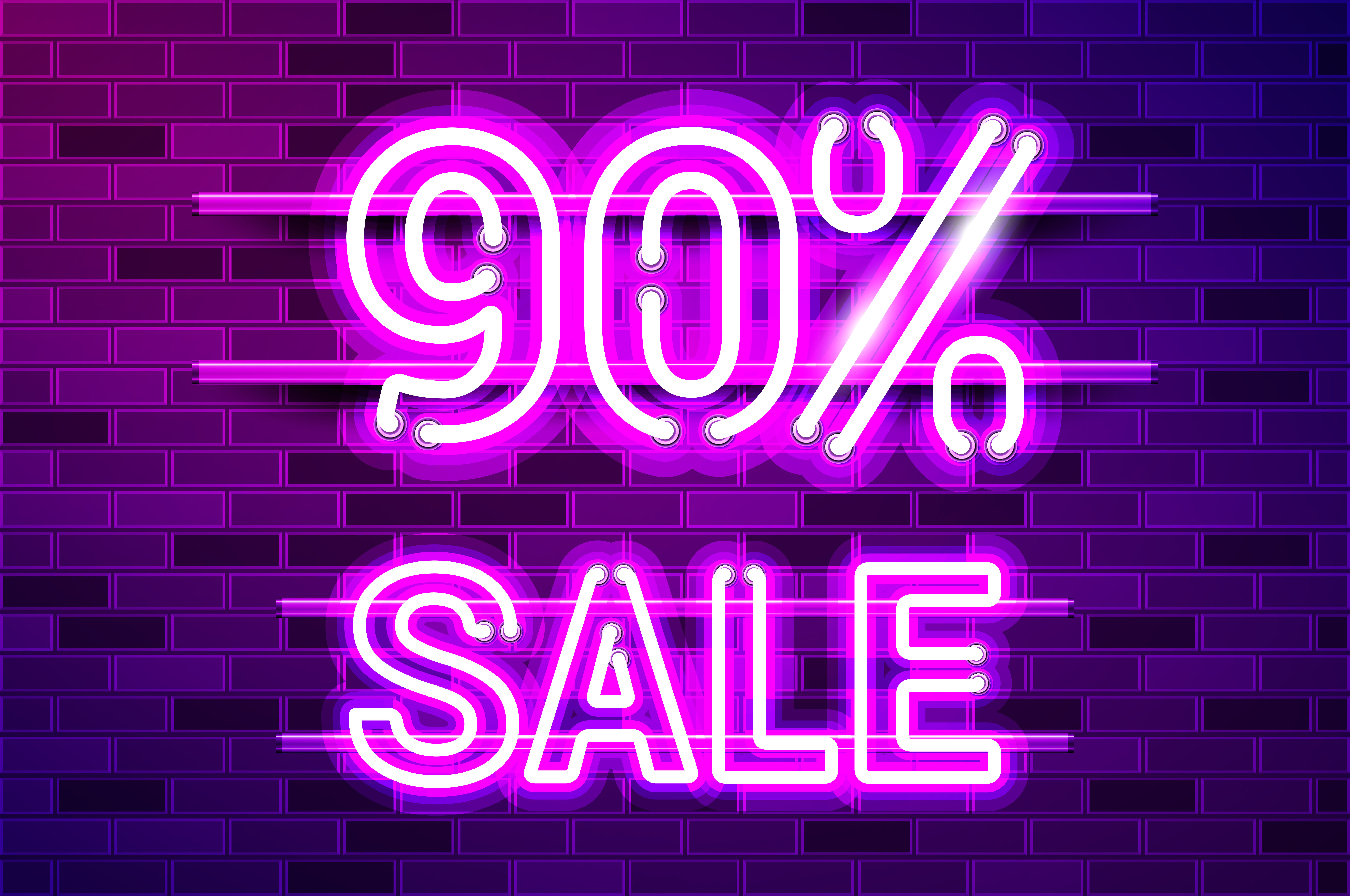 90 percent SALE glowing neon lamp sign. Realistic vector illustration. Purple brick wall, violet glow, metal holders.. 90 percent SALE glowing purple neon lamp sign
