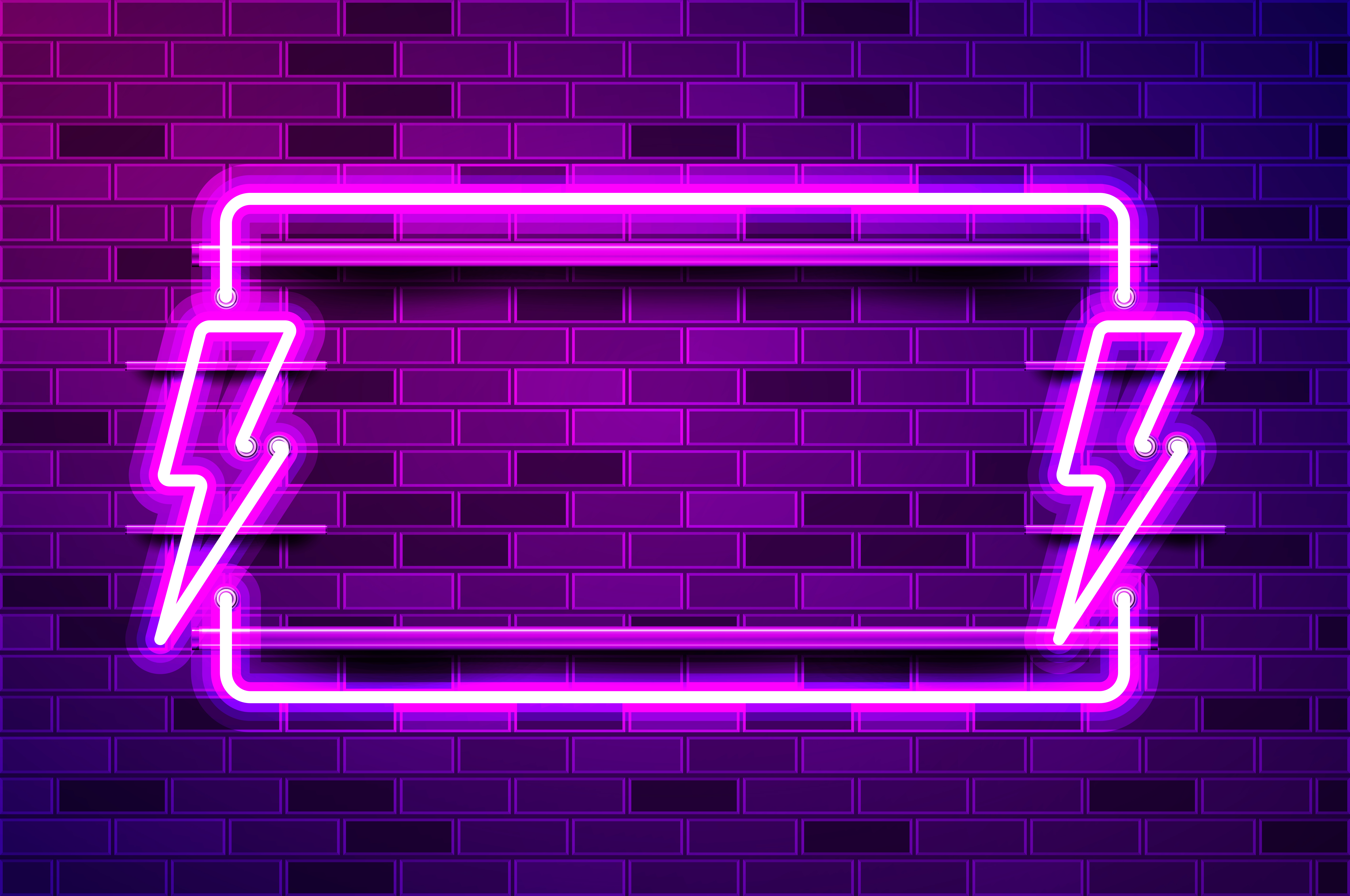 Flash sale glowing neon lamp sign. Realistic vector illustration. Purple brick wall, violet glow, metal holders.. Flash sale glowing purple neon lamp sign