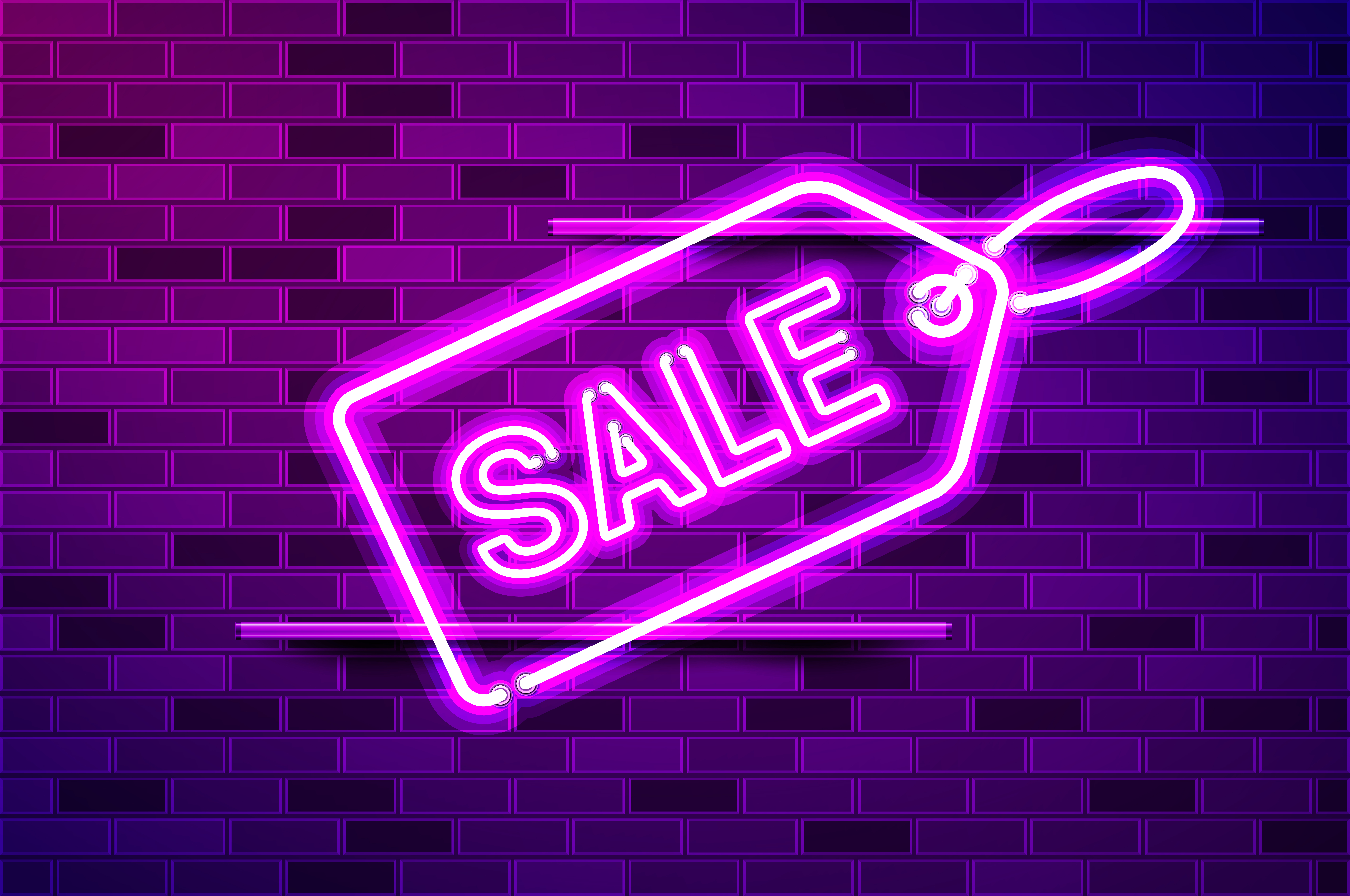 Sale tag glowing neon lamp sign. Realistic vector illustration. Purple brick wall, violet glow, metal holders.. Sale tag glowing purple neon lamp sign