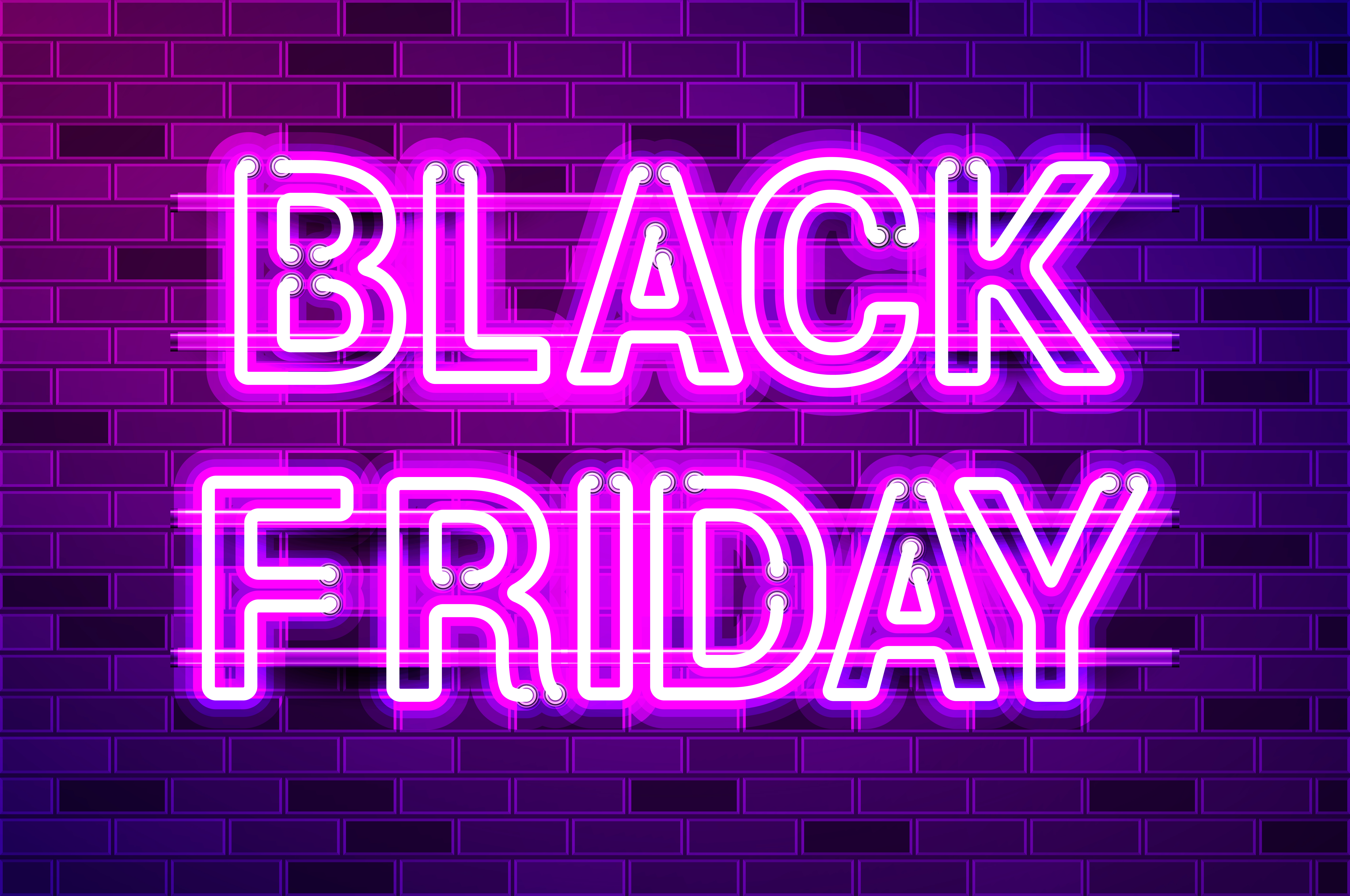 BLACK FRIDAY lettering glowing neon lamp sign. Realistic vector illustration. Purple brick wall, violet glow, metal holders.. BLACK FRIDAY lettering glowing purple neon lamp sign
