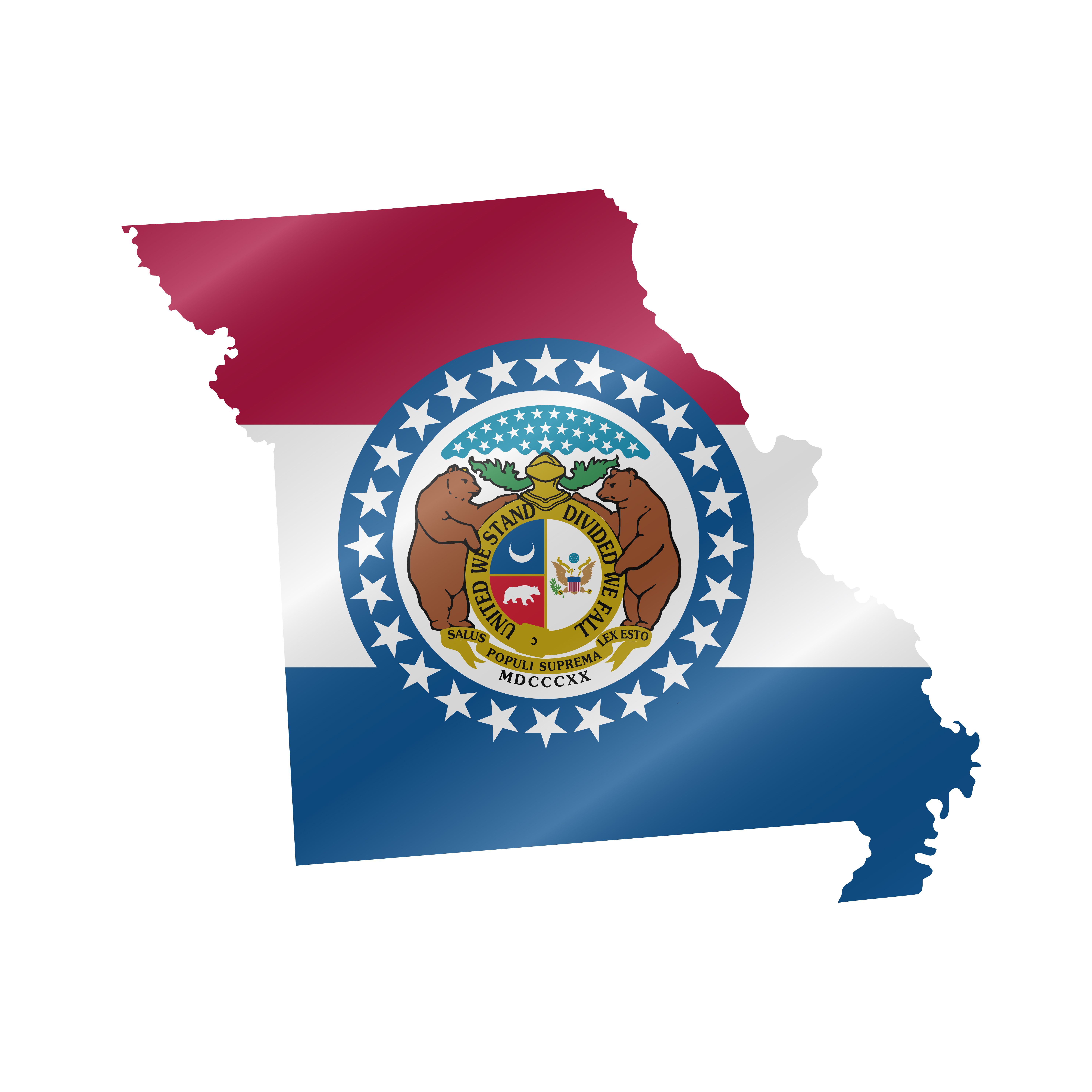 Detailed waving flag map of Missouri. Vector map with masked flag.. Waving flag map of Missouri. Vector illustration