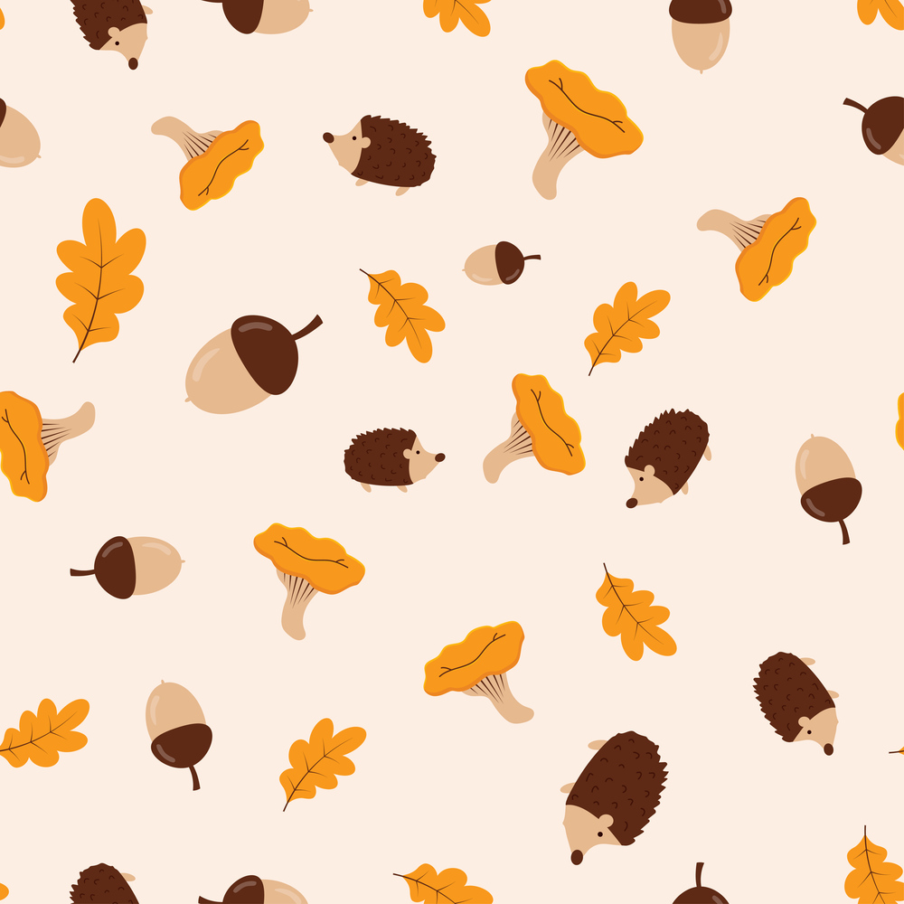Seamless Autumn Pattern with Leaves and Hedgehog.