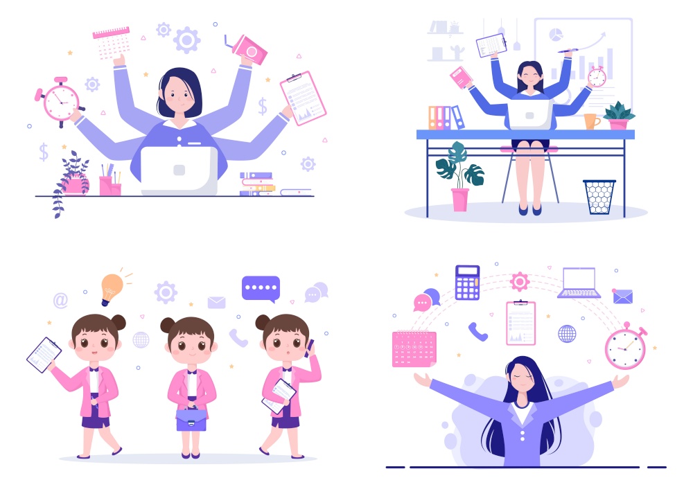 Multitasking Business Woman Or Office Worker as Secretary Surrounded By Hands With Holding Every Job In The Workplace. Vector Illustration