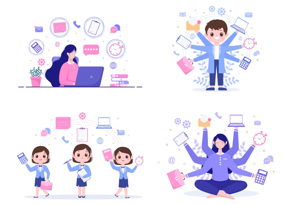 Multitasking Business Woman Or Man and Office Worker as Secretary Surrounded By Hands With Holding Every Job In The Workplace. Vector Illustration
