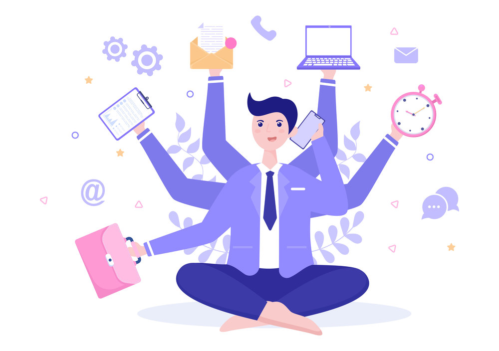 Multitasking Business Man Or Office Worker as Secretary Surrounded By Hands With Holding Every Job In The Workplace. Vector Illustration