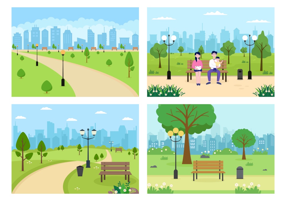 City Park Illustration For People Doing Sport, Relaxing, Playing Or Recreation With Green Tree And Lawn. Scenery Urban Background