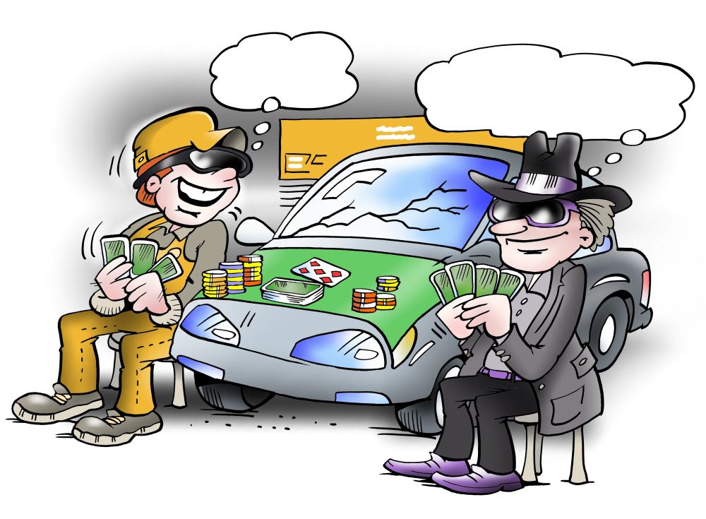 Two people play poker game on a car