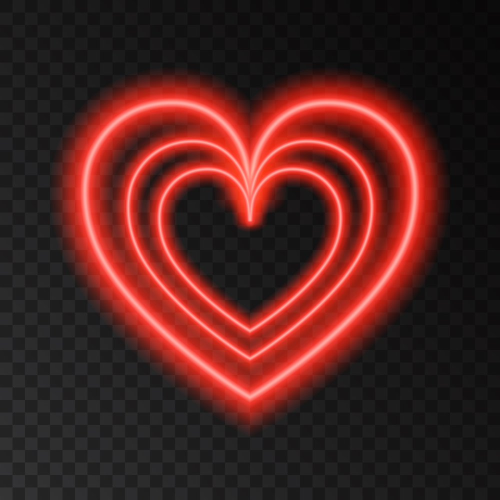 Neon glow red heart. Love.  Light effect for Happy Valentine&rsquo;s Day banner, greeting card . Laser  sign on transparent background. Vector design element.