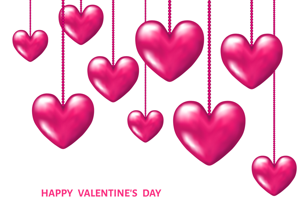 Valentines day  background with hanging  pink realistic 3d  hearts.  Vector  illustration for  party invitation  flyer,  greeting  card, save the date card templates.
