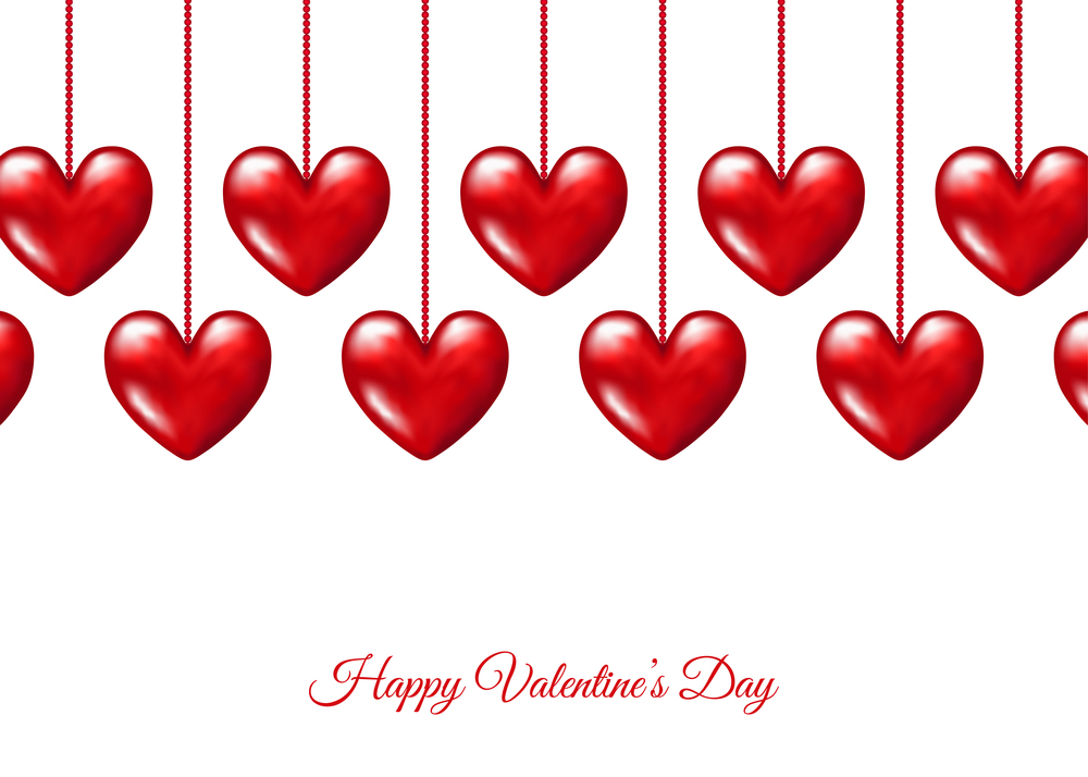 Valentines day  background with  hanging  realistic 3d  red  hearts. Vector template.