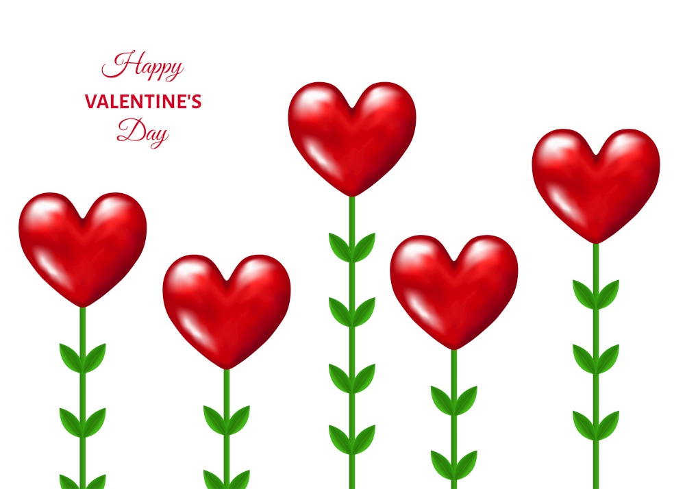 Red realistic  flowers in the shape of hearts with green   leaves on  white  background. Love. Weeding decoration. Vector  illustration for  Valentines day banner, greeting  card templates.